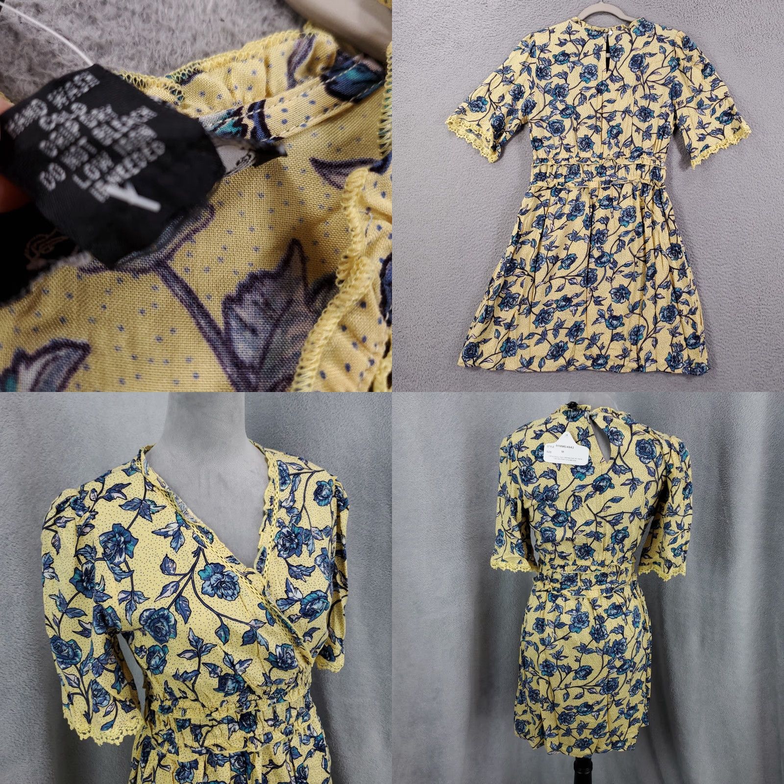 Vintage ANGIE Floral Dress Mini V-Neck Short Sleeve Women Medium Yellow Blue NWT Size M / US 6-8 / IT 42-44 - 8 Thumbnail