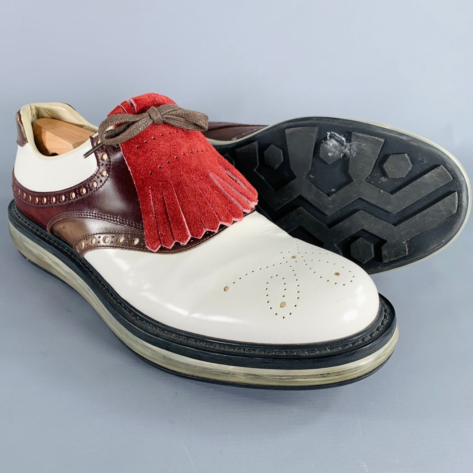 Prada Size 12 White Burgundy Perforated Leather Lace-Up Shoes Size US 12 / EU 45 - 5 Thumbnail