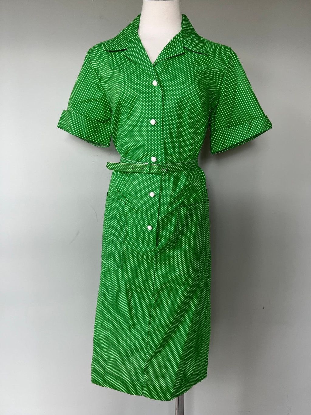 Vintage BNWT 1960s Vintage Green Polka Dot Rockabilly Shirt Dress 14 Size L / US 10 / IT 46 - 2 Thumbnail