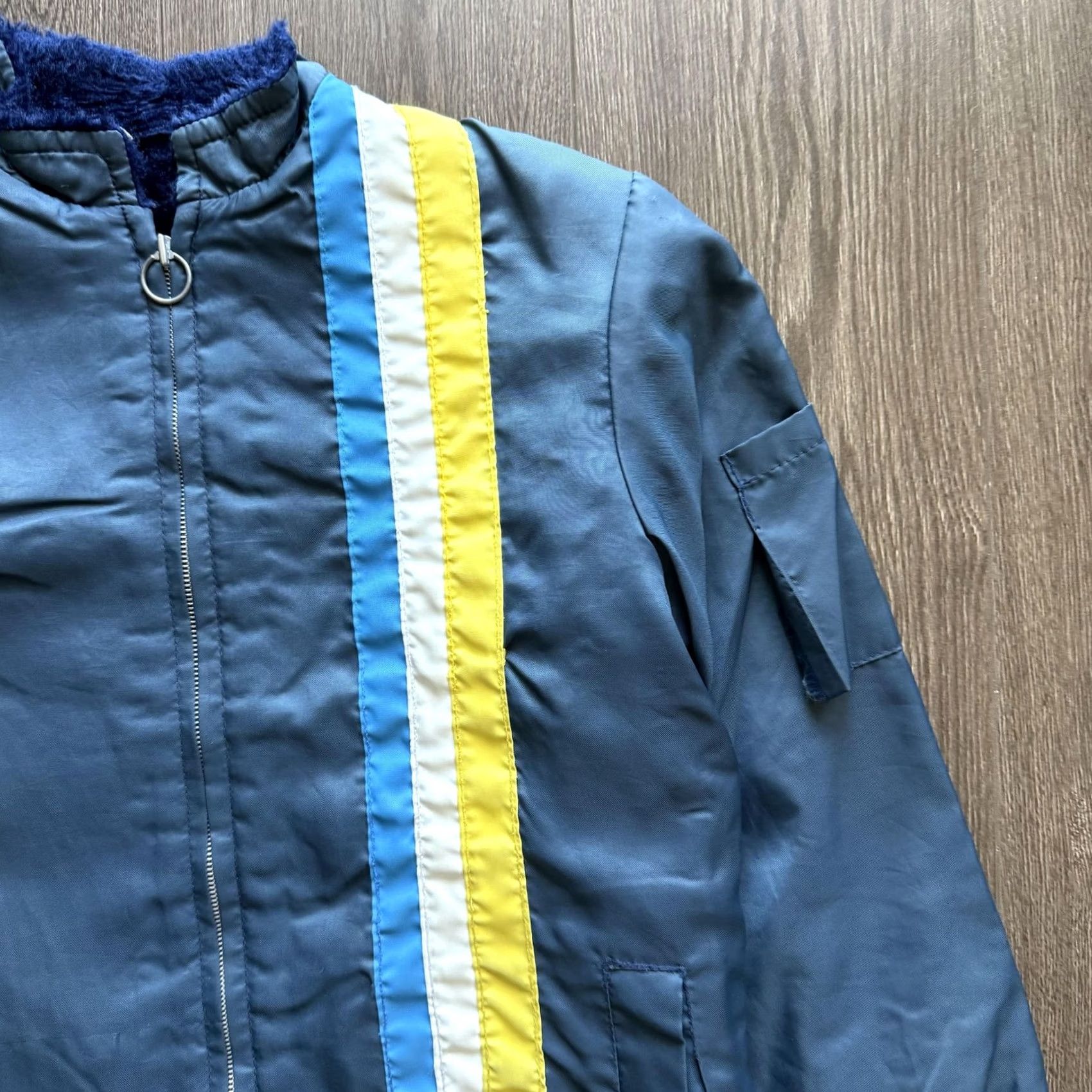 Vintage VINTAGE Racing Jacket Blue Bomber Mens 40 Faux Fur Lined Stripe Nylon Retro Jacket Size US XXS / EU 40 - 4 Thumbnail