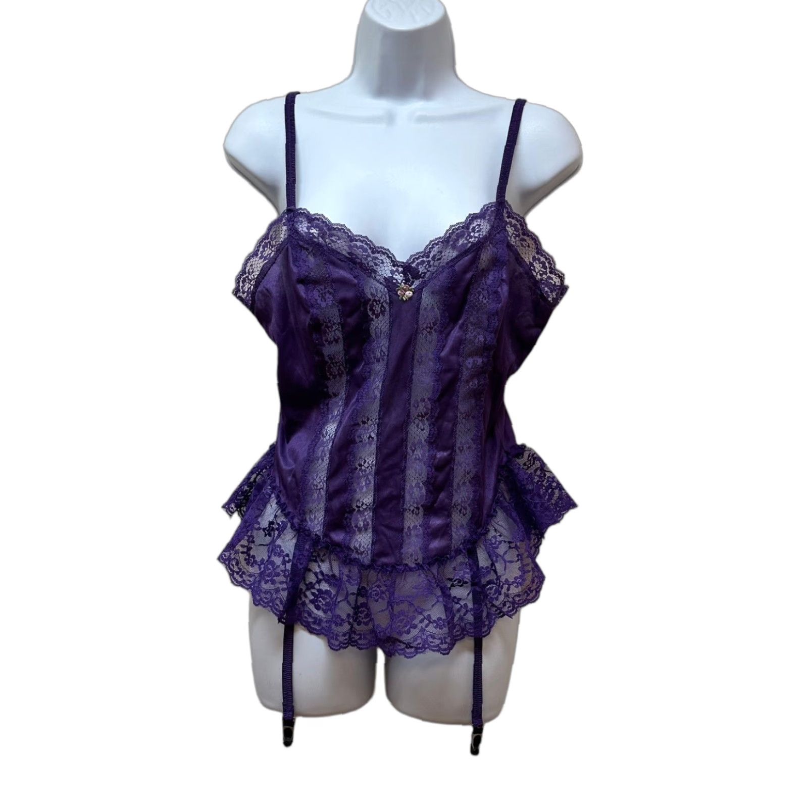 Vintage VINTAGE Purple Nylon Lace Ruffle Sexy Teddie Top Garters Size M Size M / US 6-8 / IT 42-44 - 1 Thumbnail