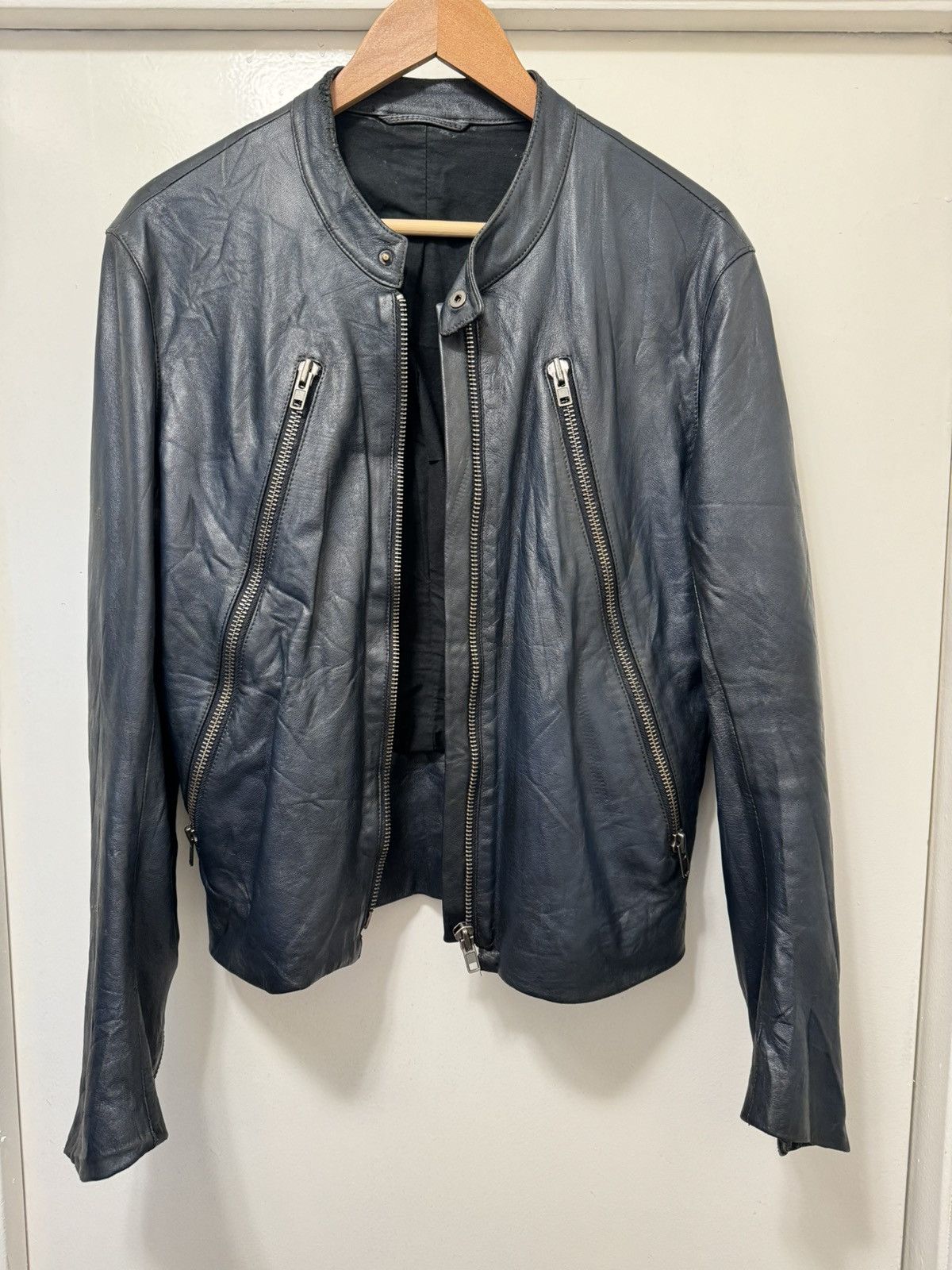 Pre-owned Archival Clothing Maison Martin Margiela 5-zip Leather Jacket 2006 In Dark Blue