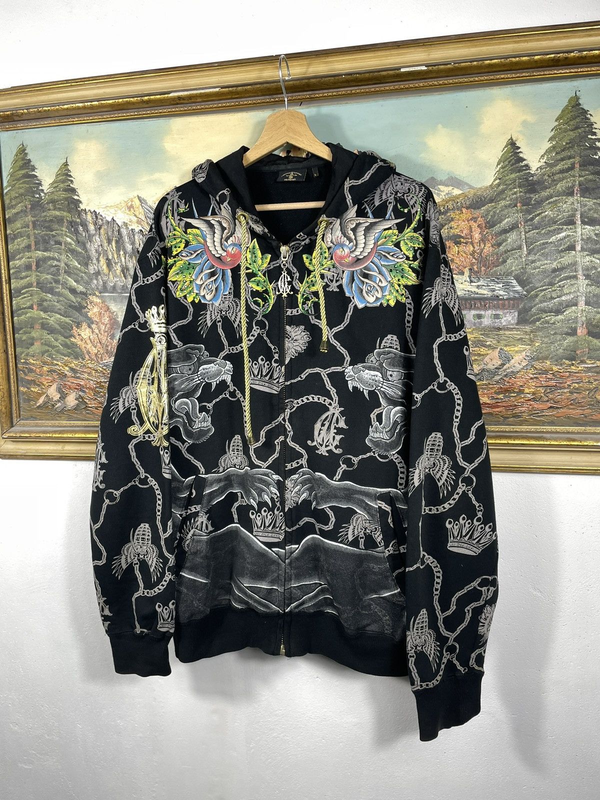 Christian Audigier × Ed Hardy × Vintage Ed Hardy Retro 00s Hoodie With Crystals Affliction Grunge Size XXL / US 16-18 / IT 52-54 - 3 Thumbnail