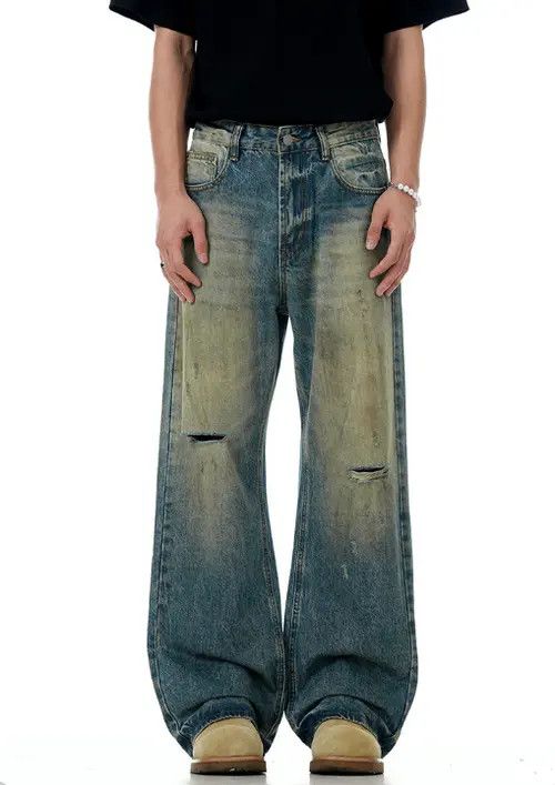 Japanese Brand Men's loose all-match straight wide-leg ripped jeans Size US 34 / EU 50 - 2 Thumbnail