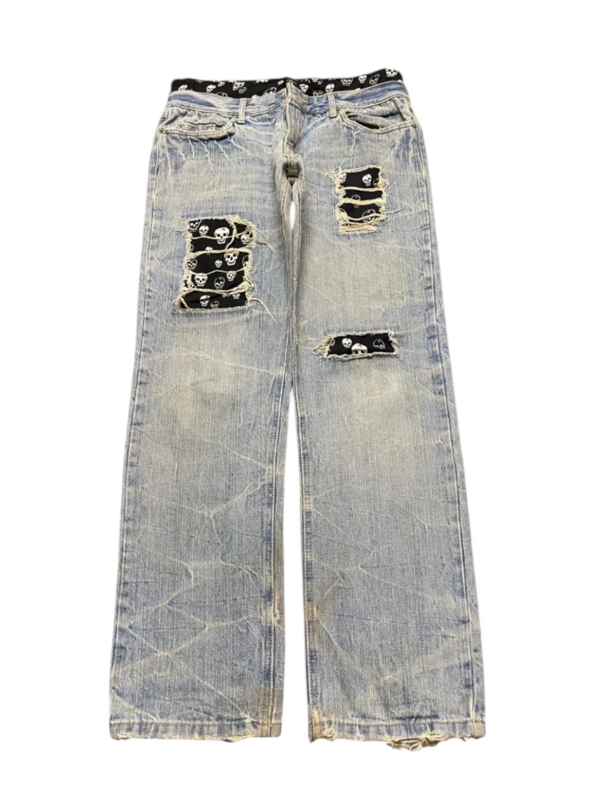 If Six Was Nine Vintage Japanese Mud Thunder Wash Patch Skull Distress Jeans Size US 31 - 1 Thumbnail