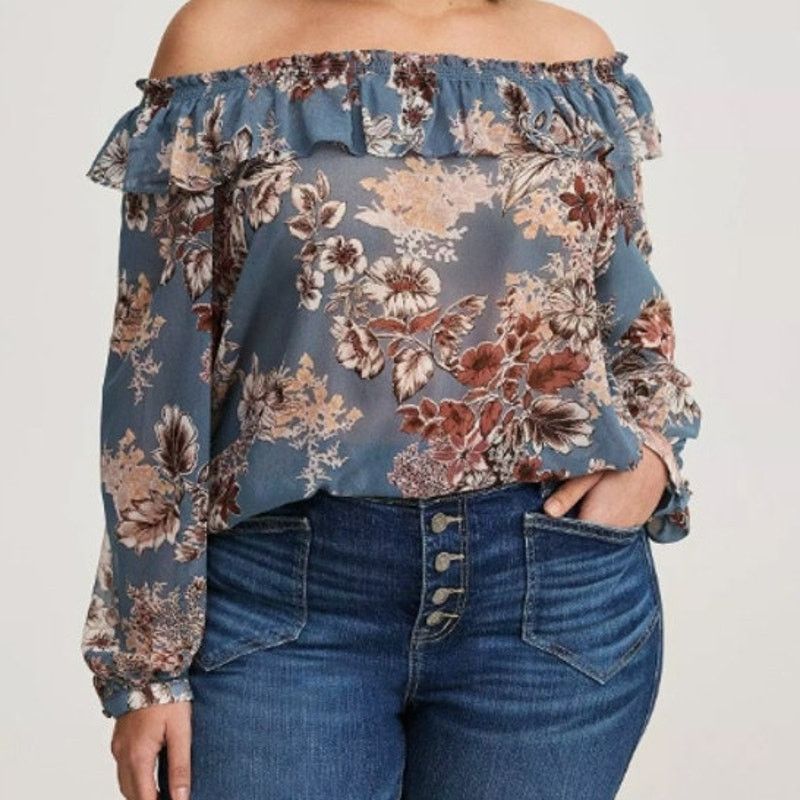 Corridor Torrid Off Shoulder Ruffle Top Size 3X Sheer Floral Crinkle Size 3XL / US 20-22 - 1 Thumbnail