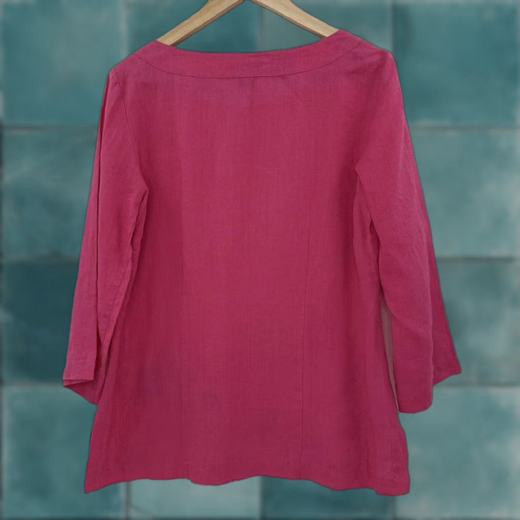 Vintage VINTAGE? No — Sara Isabella Pink Blouse Tunic 100% Irish Linen Embroidered Buttons Scoop Neck Long Sleeve Women's 10 Bohemian Modern Size L / US 10 / IT 46 - 1 Thumbnail