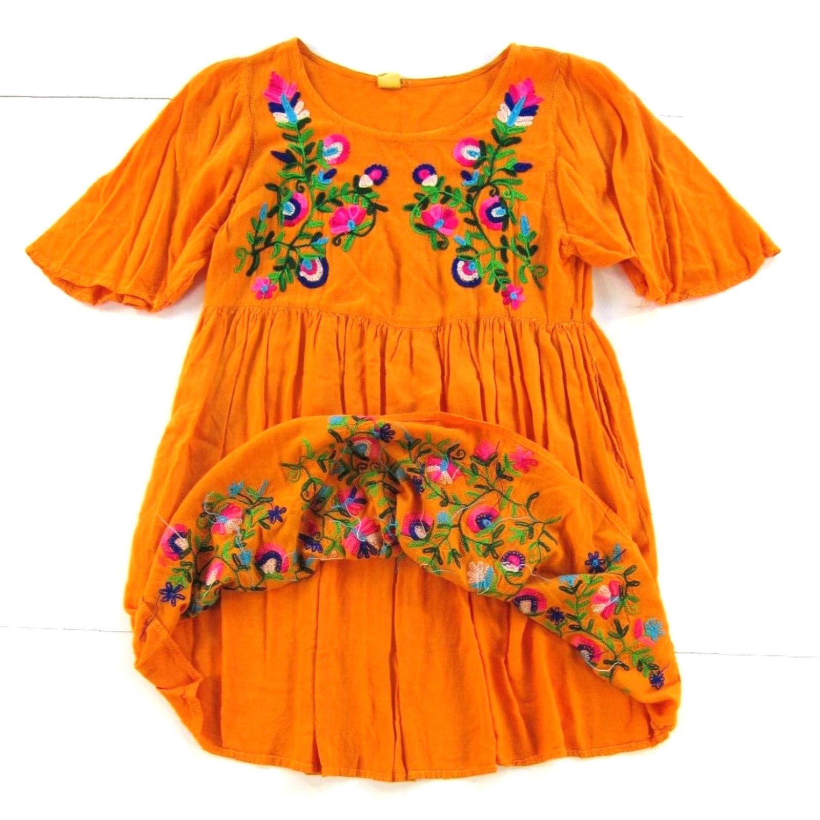 Rivieras VINTAGE Riviera Sun Dress Smock, Floral Embroidered Pocket, L-XL, Orange Green Pink, Rayon, Shirt Dress, Womens Size L / US 10 / IT 46 - 5 Thumbnail