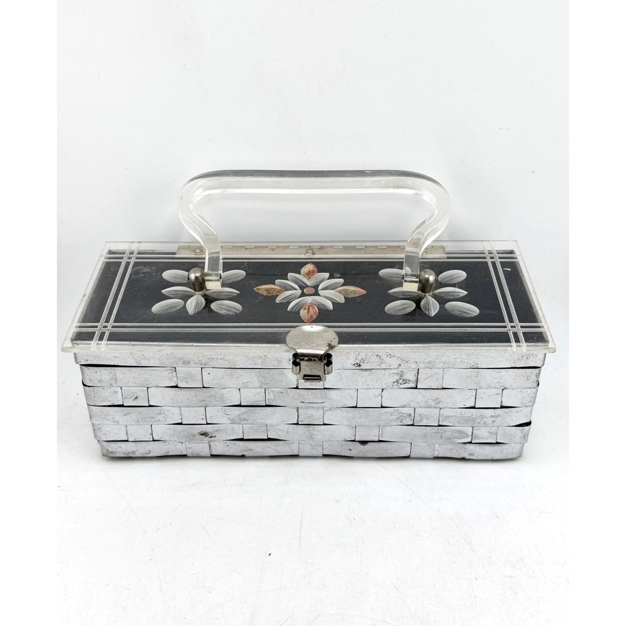 Vintage Vintage Estate Art Deco Floral Lucite Metal Woven Box Handba Size ONE SIZE - 1 Thumbnail