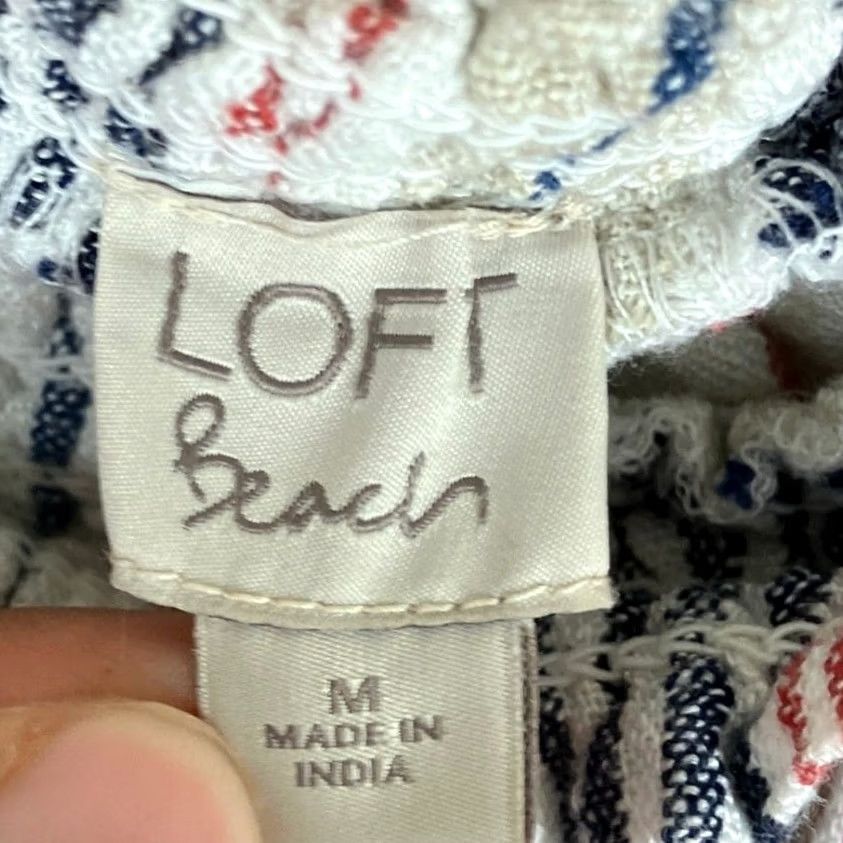 Loft LOFT Beach Romper Tan Multi Striped Linen Blend Smock Neck Sleeveless M Womens Casual Party/Cocktail Travel Pockets Flutter Relaxed One-Piece Shirt? Size 32" / US 10 / IT 46 - 6 Thumbnail