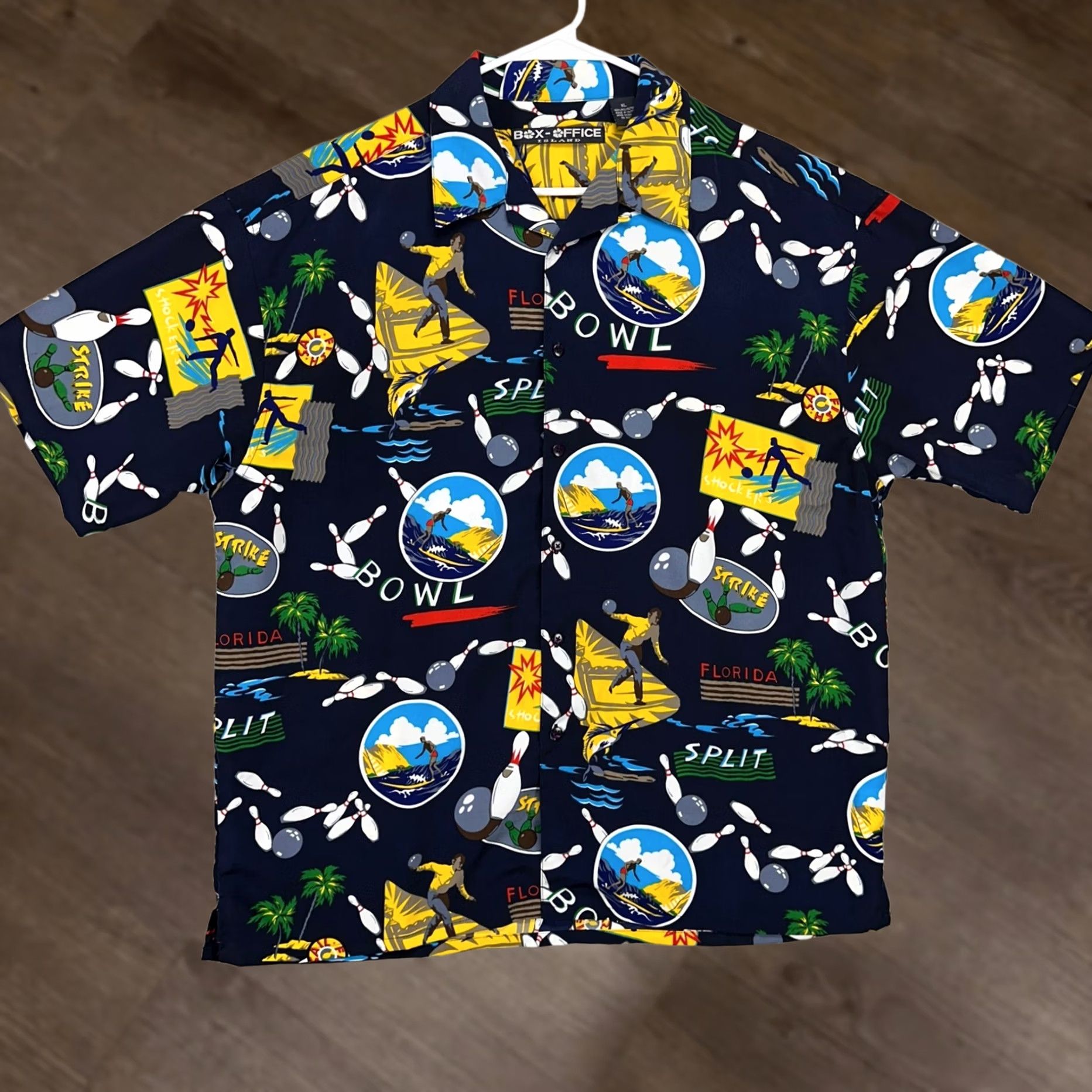 Vintage VINTAGE? Box-Office Men Hawaiian Shirt XL Navy Blue Yellow Bowling Button Up Short Sleeve Size US XL / EU 56 / 4 - 1 Thumbnail