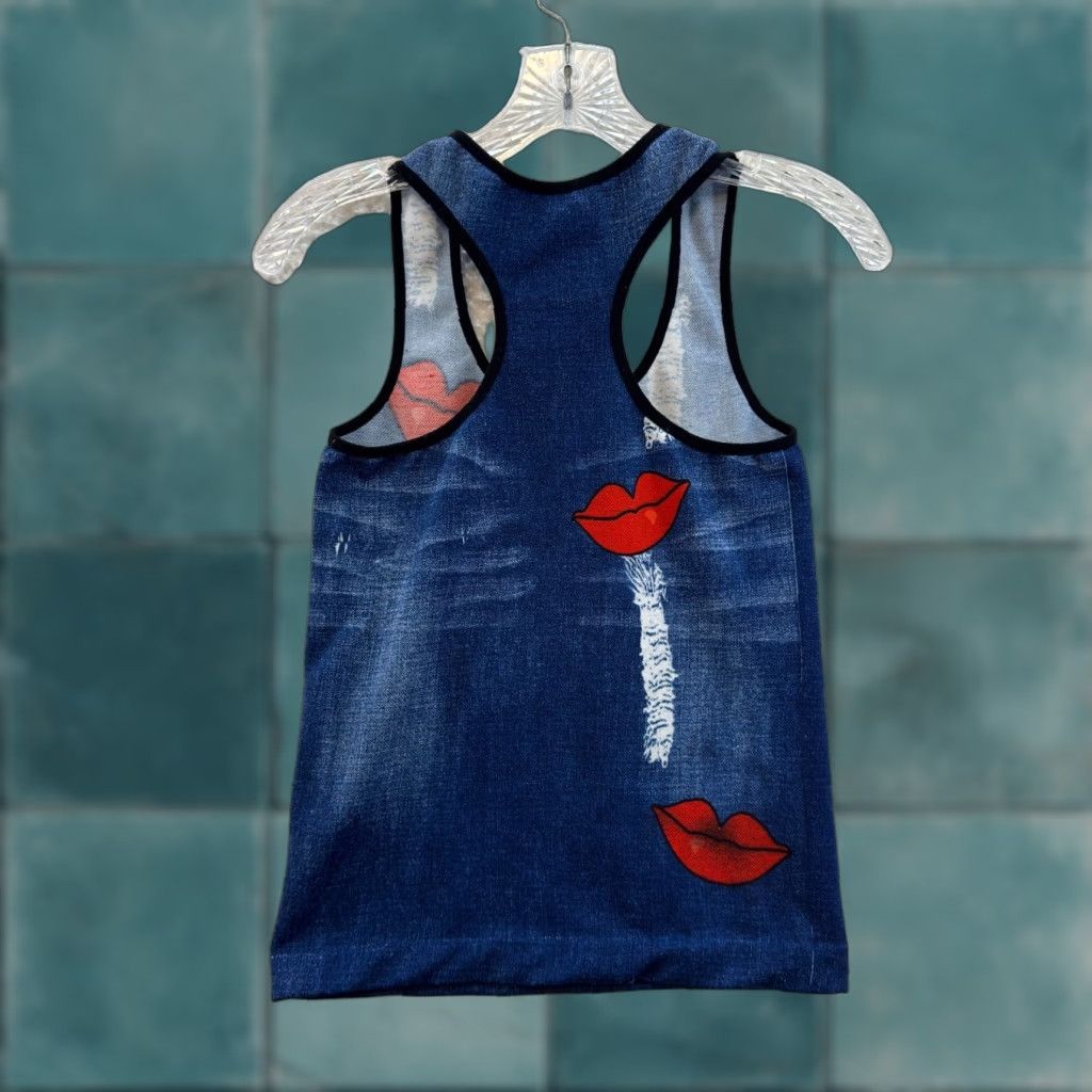 VINTAGE Y2K Camisole Tank Top Shirt S/M Blue Denim Lips Kisses Cyber Fairy Grunge Womens