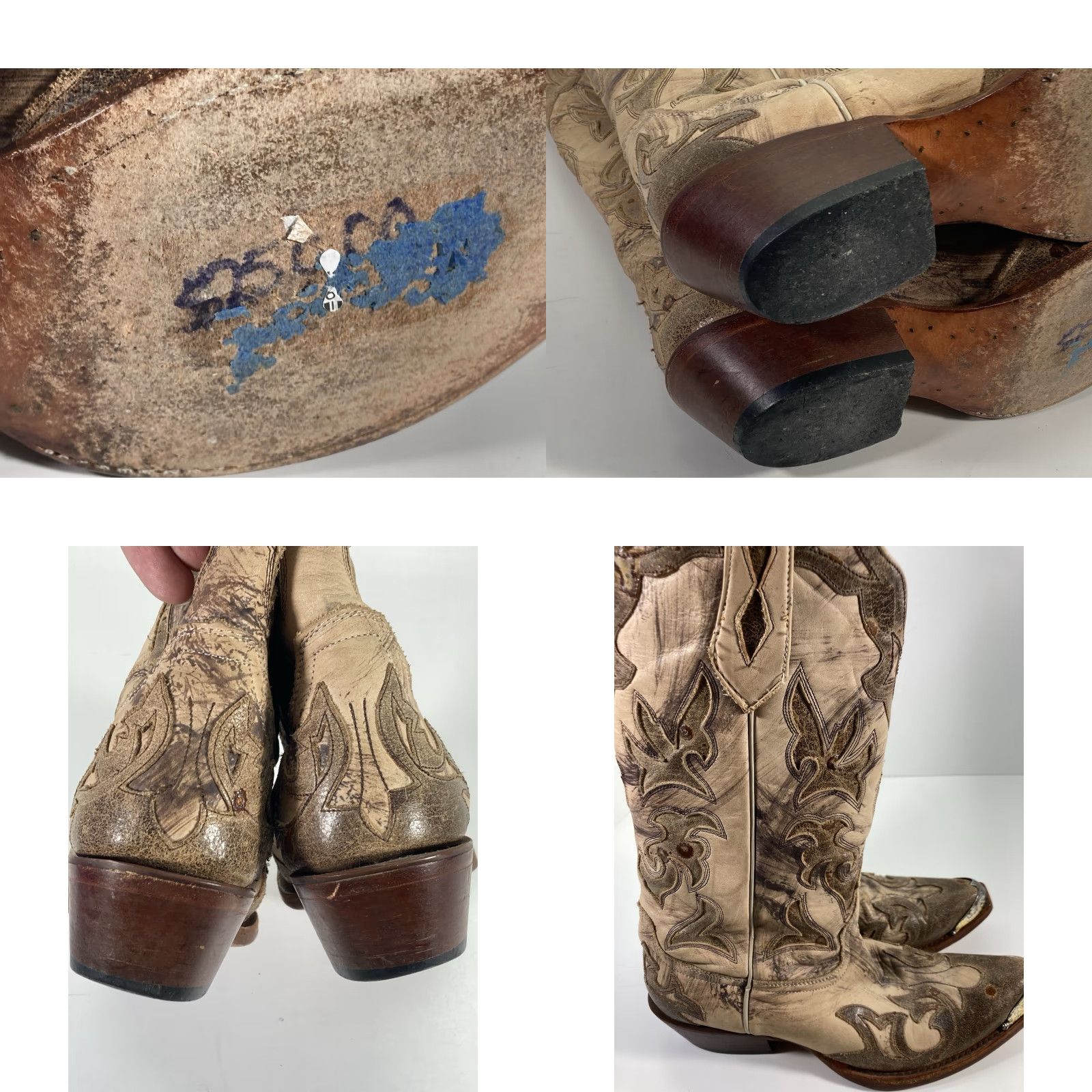 Vintage Johnny Ringo Boots Western Distressed Leather Women Size 7.5 B Beige Metal Tips Size US 8 / IT 38 - 9 Thumbnail