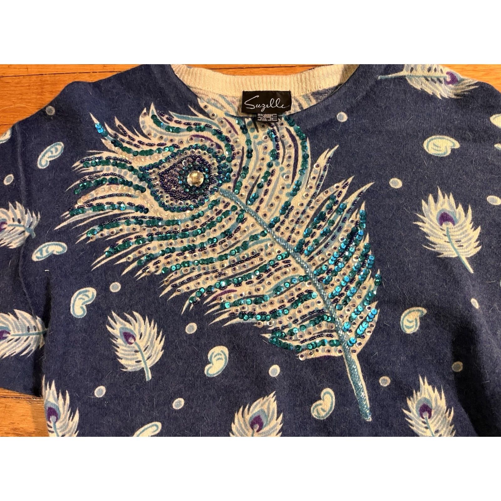 Vintage VINTAGE Suzelle Sweater Woman’s M Blue Angora Lambswool Sequin Beaded 80s Crew Neck Pullover Knit Wool Pattern Geometric Casual Party/Cocktail Size M / US 6-8 / IT 42-44 - 3 Thumbnail
