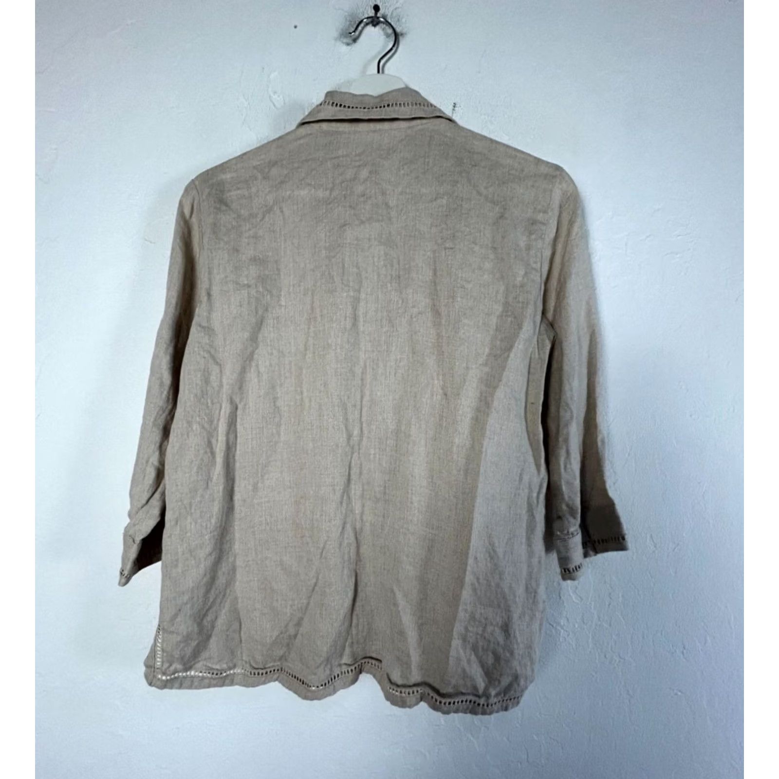Liz Claiborne Liz Claiborne Shirt Womens Beige 3/4 Sleeve Lace Insert Linen Button-Up Small Size L / US 10 / IT 46 - 2 Thumbnail