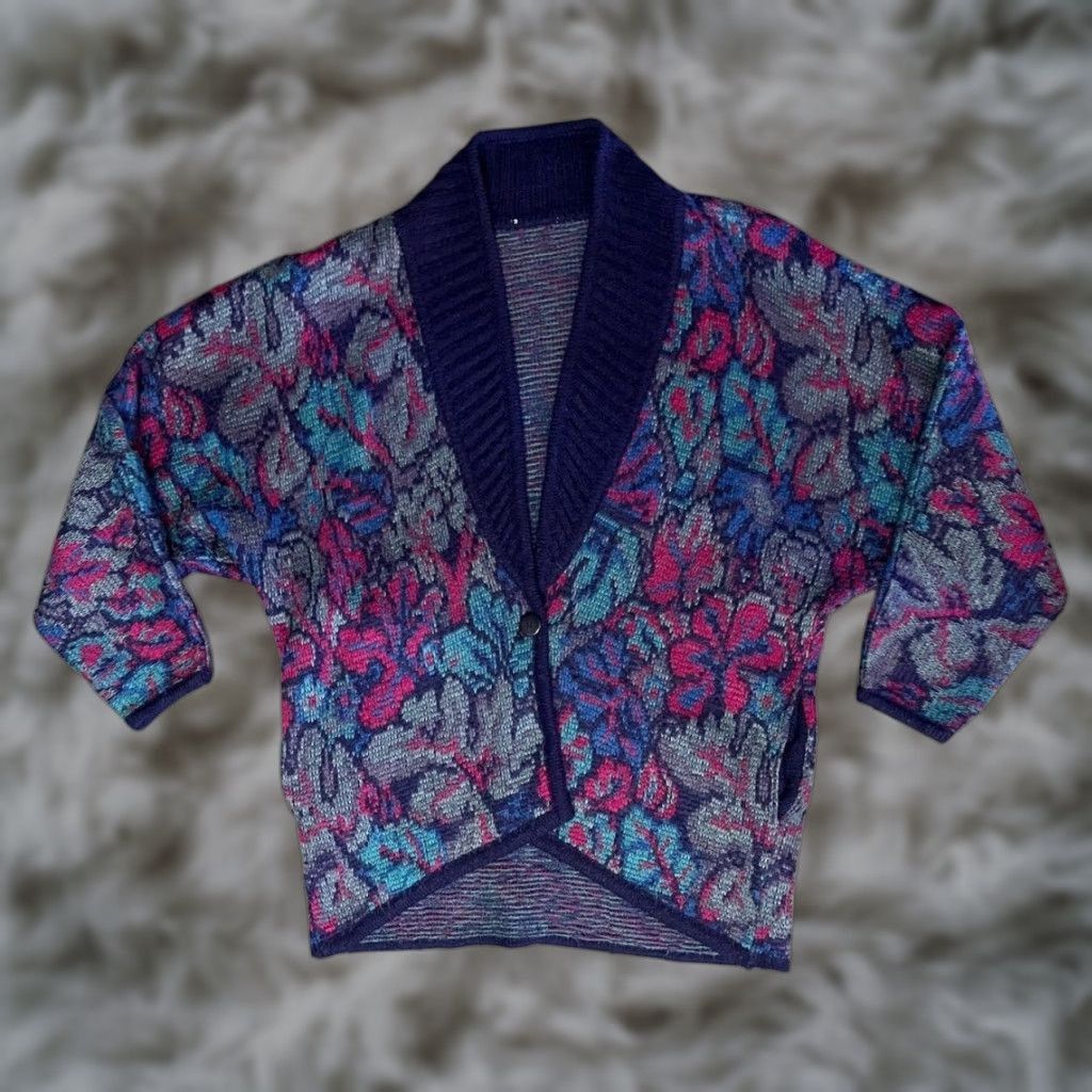 Vintage VINTAGE Cardigan Womens 1X Pink Purple Floral Jacquard Knit Sweater Tapestry 90s Size XL / US 12-14 / IT 48-50 - 1 Thumbnail
