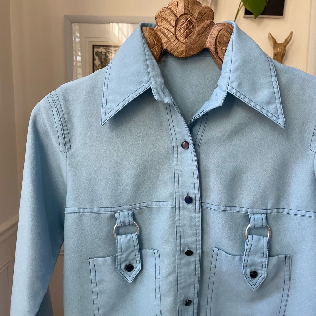 Vintage Vintage 70s Unbranded Pointy Collar Button Up Shirt Blue M Size M / US 6-8 / IT 42-44 - 1 Thumbnail