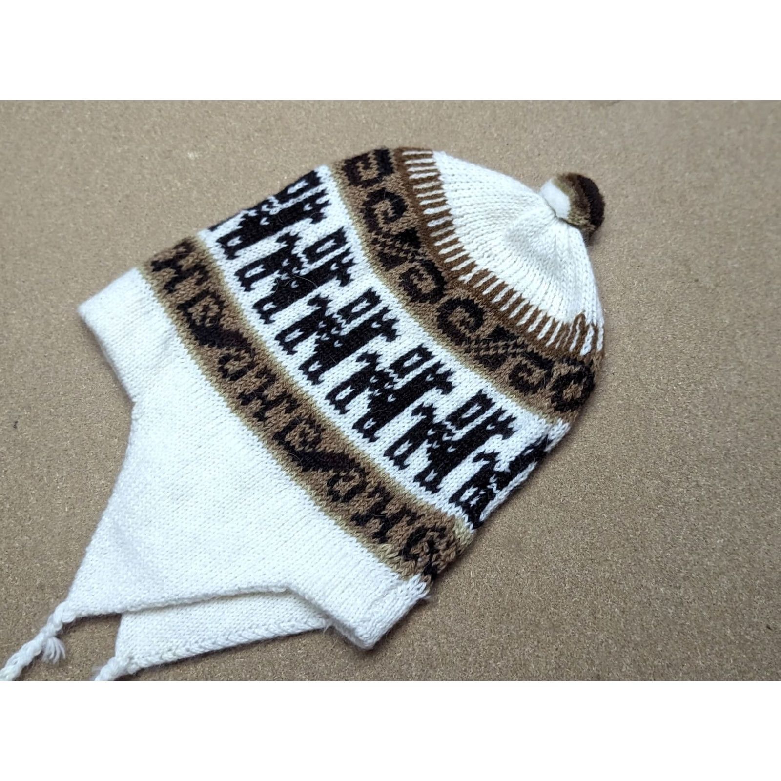 Vintage Handmade Alpaca Wool Beanie Hat One Size Knitted Ear Flap Chin Strap Striped Beanie Hat Size ONE SIZE - 2 Thumbnail