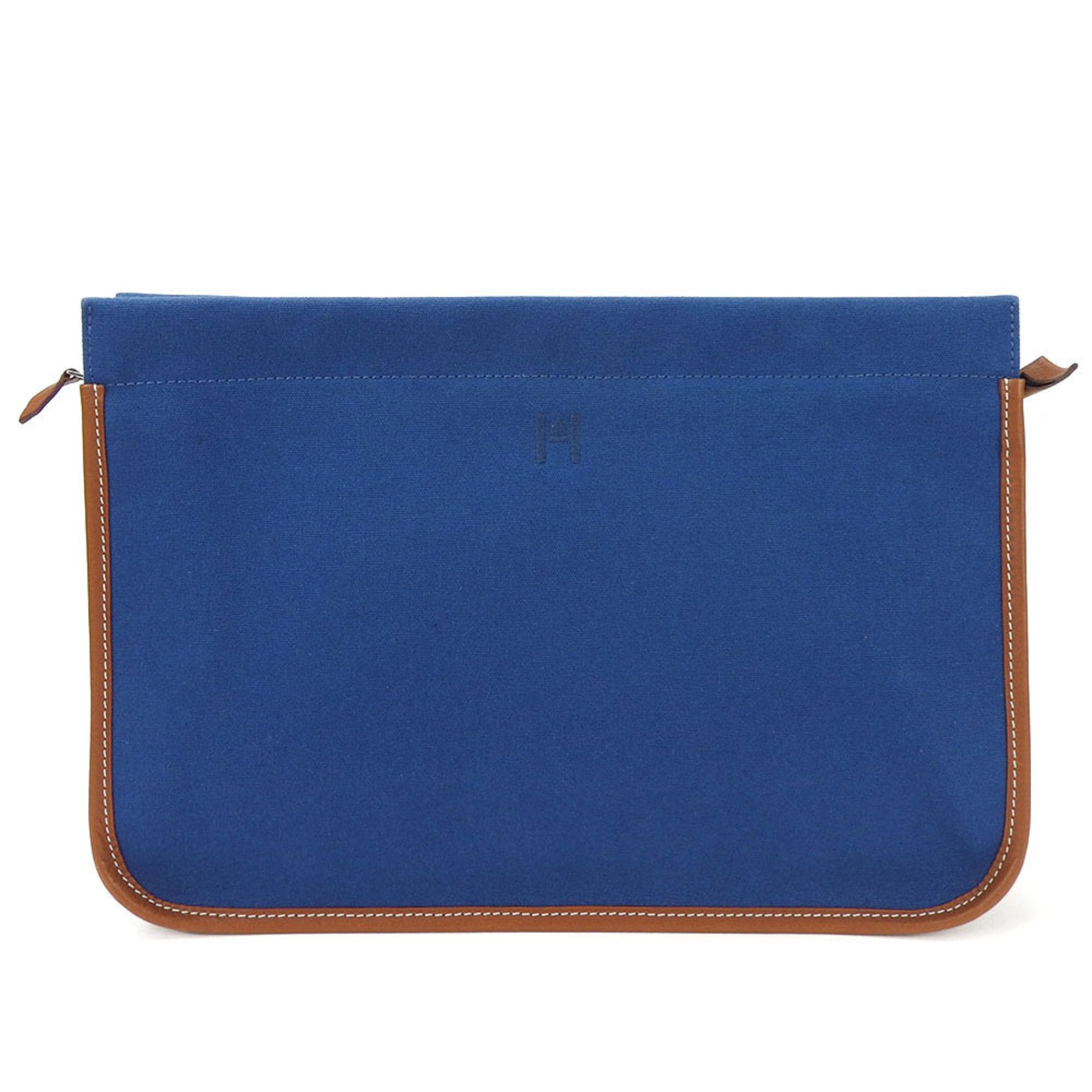image of Hermes Clutch Bag Canvas Leather Navy Brown Ladies Hermes Blue, Women's