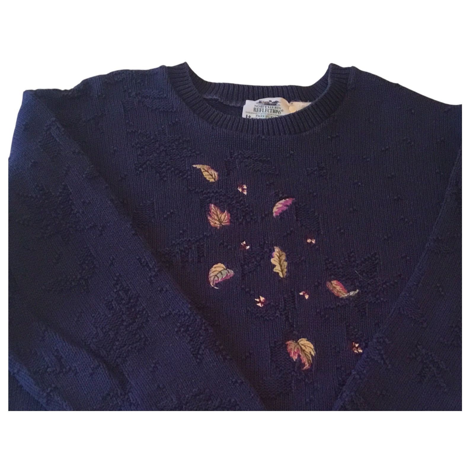 Northern Reflections Northern Reflections Patterned Knit Sweater Navy Bl Leaves L Size L / US 10 / IT 46 - 3 Thumbnail