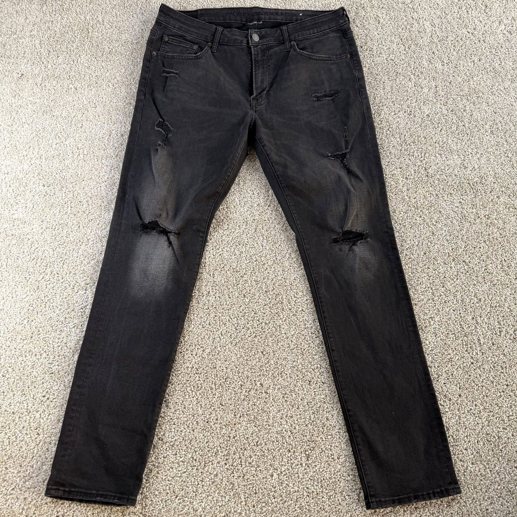Vintage American Eagle Jeans Mens 34x32 Charcoal Black Denim Slim Tapered Distressed Size US 34 / EU 50 - 2 Thumbnail