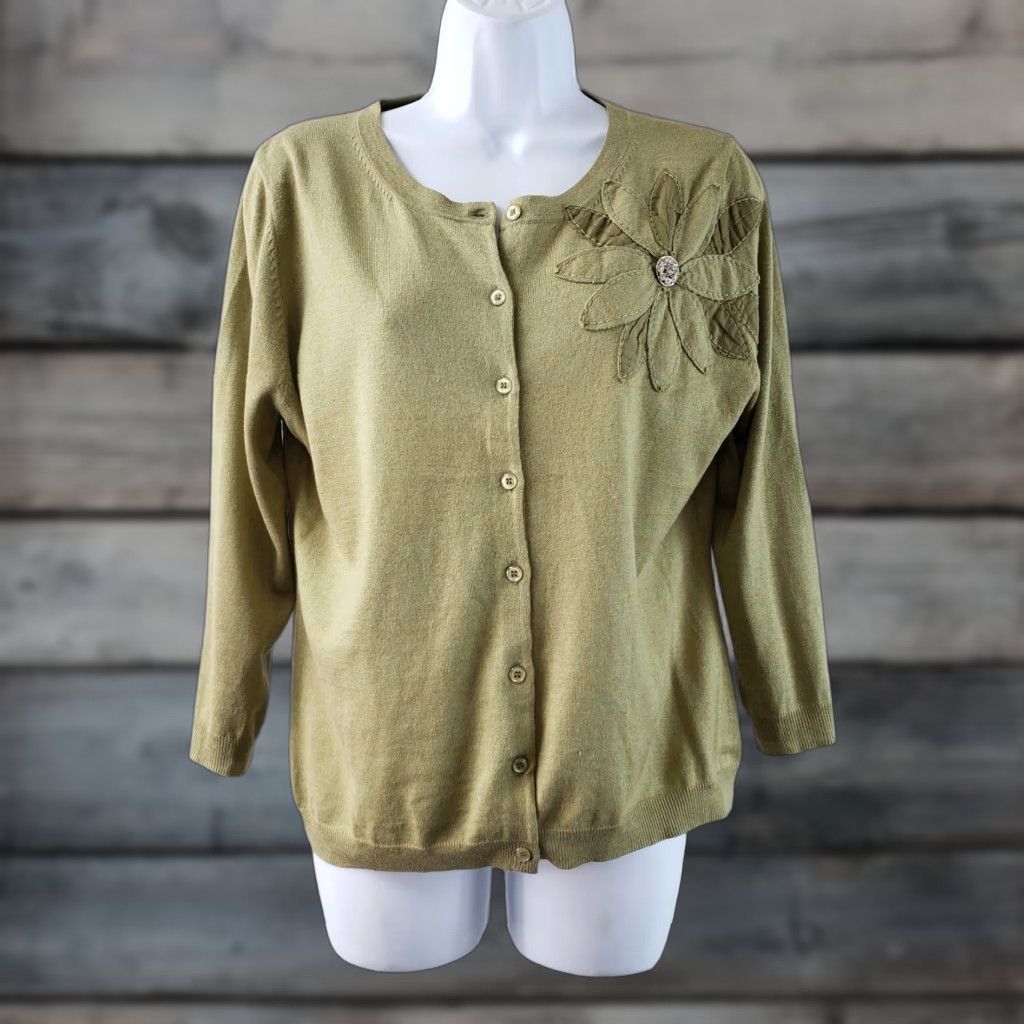 Vintage Garnet Hill Womens Cardigan M Green Silk Wool Blend 3/4 Sleeve Button Down Floral Knit Sweater Womens Size M / US 6-8 / IT 42-44 - 1 Thumbnail