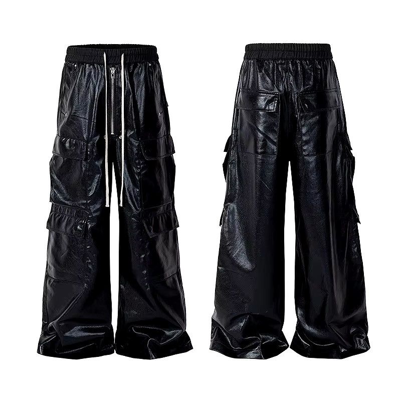 Japanese Brand × Leather RO Style Glossy Black Pu Leather Wide Leg Drawstring Cargo Size US 31 - 3 Thumbnail