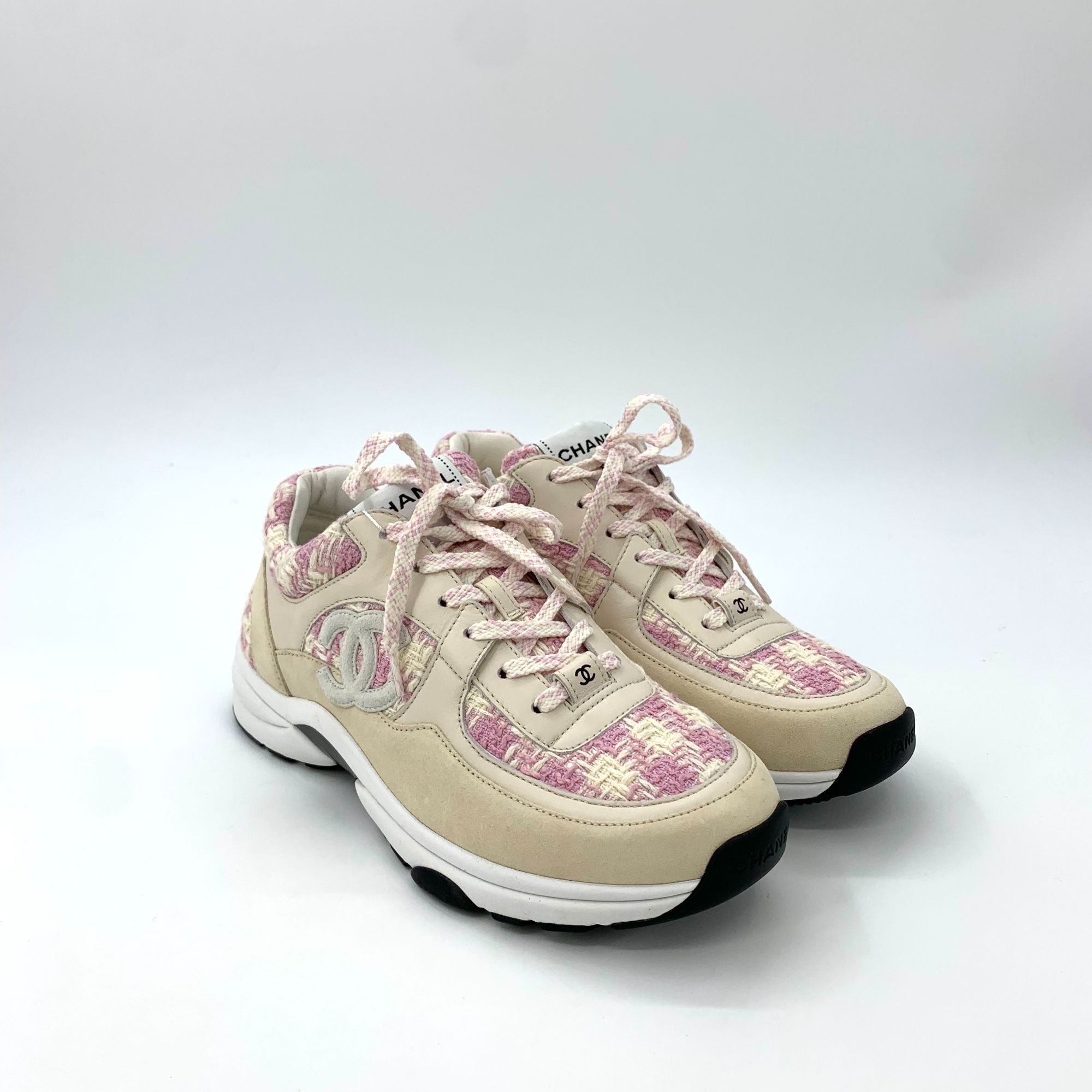 Chanel Chanel Tweed & Leather Pink/Beige Lace-Up Sneakers Size US 7.5 / IT 37.5 - 2 Thumbnail
