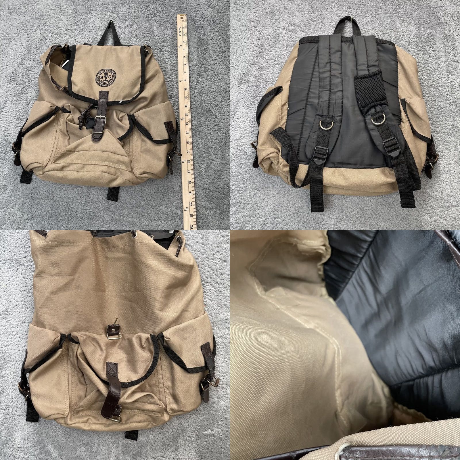 Vintage Sierra Club Backpack Large Canvas Faux Leather Hiking Outdoor Travel Bag Camping Mens Beige 16x15x5 Adjustable Padded Outer Pockets Size ONE SIZE - 8 Thumbnail