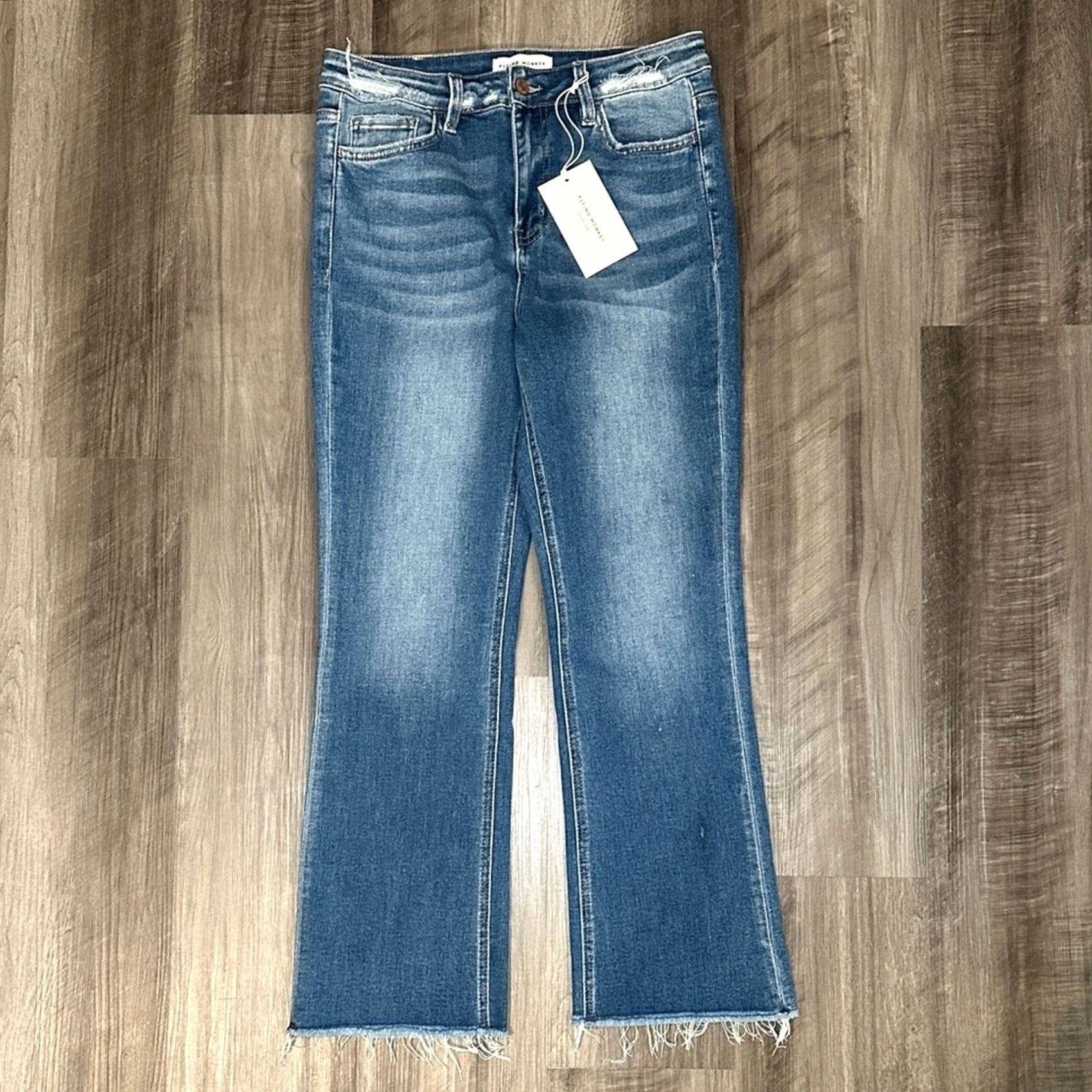 Vintage Flying Monkey Black Label High Rise Crop Flare Raw Hem Jeans 29 Women NWT Blue Jeans Flared Cotton Polyester Rayon Spandex 26.5 Inseam Womens Size 29" - 2 Thumbnail