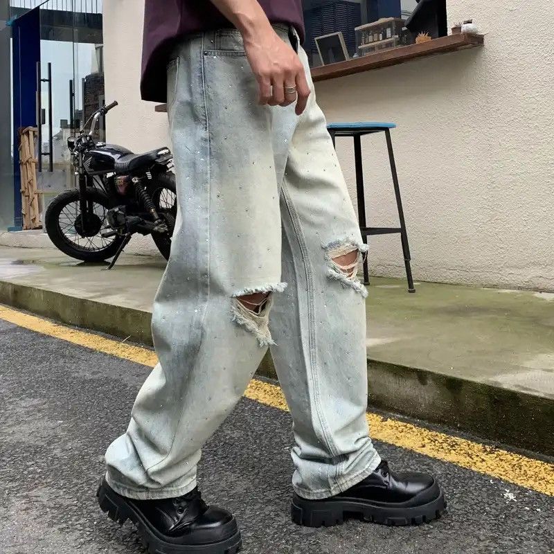 Denime × Japanese Brand × Vintage Ripped On Knee Baggy Jeans Vintage Blue Full Crystal Printed Size US 36 / EU 52 - 2 Thumbnail