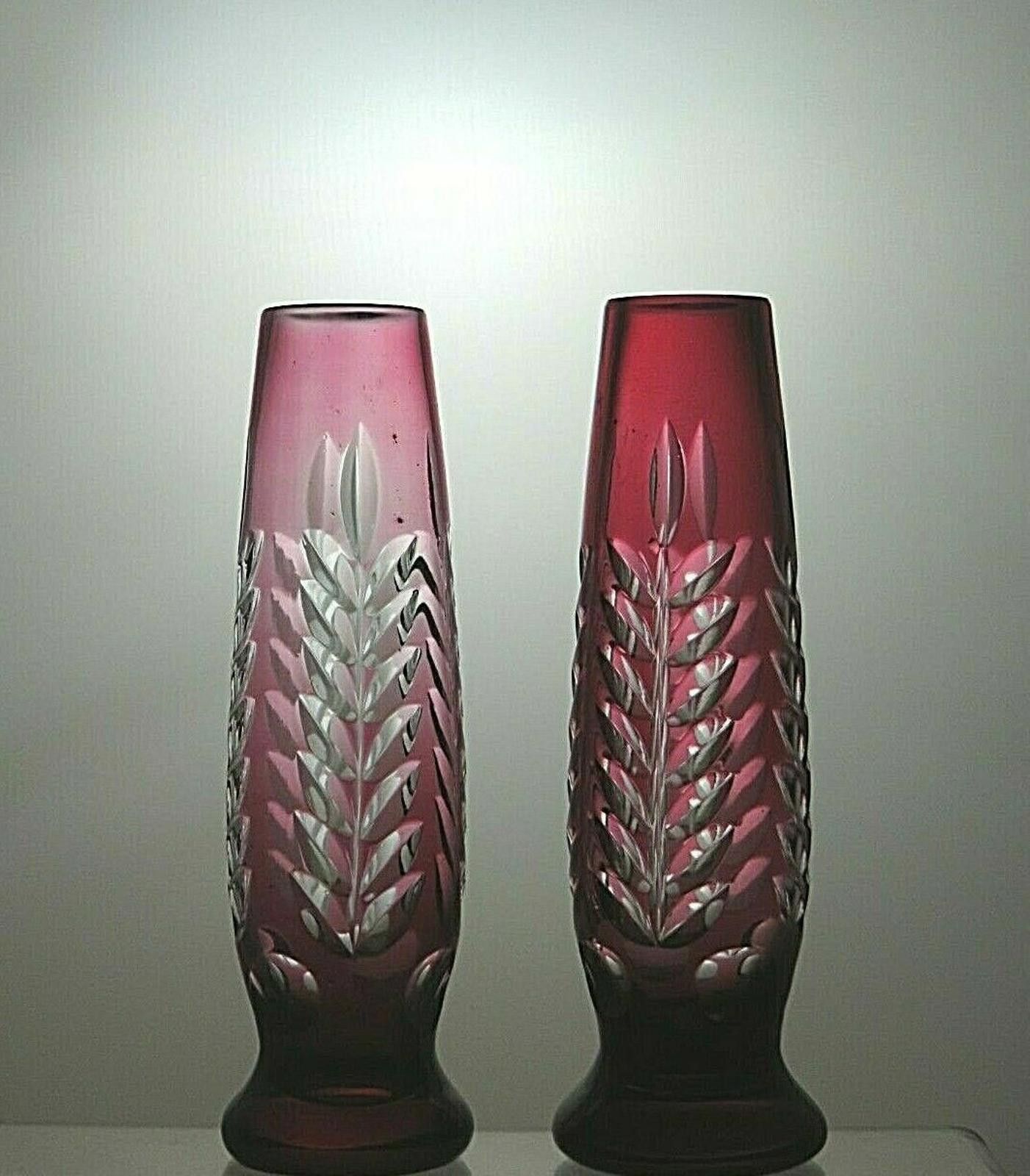 The Unbranded Brand Cut Glass Ruby Red Crystal Set Of 2 Vases 7" Size ONE SIZE - 2 Thumbnail