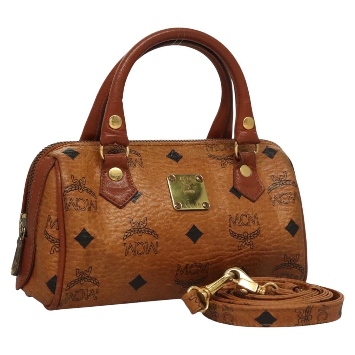 MCM Vicetos Logogram Mini Hand Bag Pvc Leather 2Way Brown Gold Auth Bd1317 in Brown/Gold, Women's