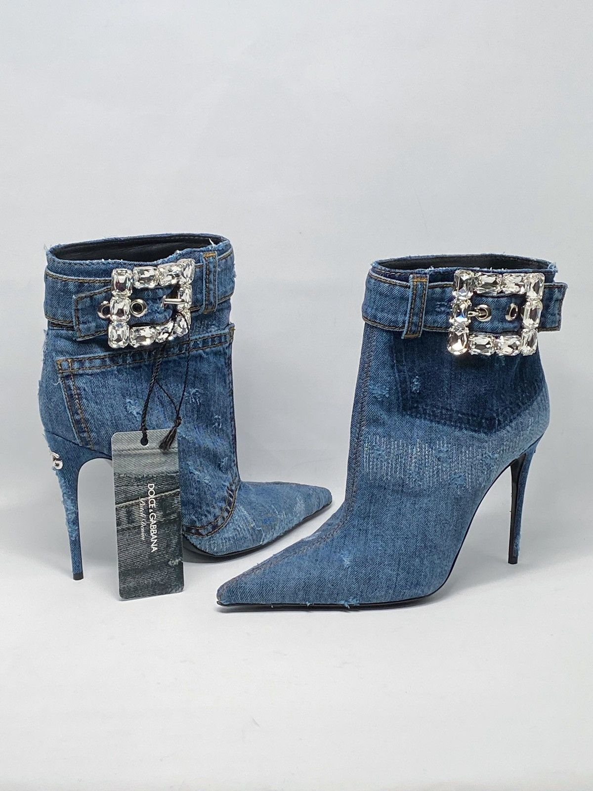 Dolce & Gabbana DOLCE & GABBANA denim ankle boots with rhinestone buckle Size US 7 / IT 37 - 1 Thumbnail