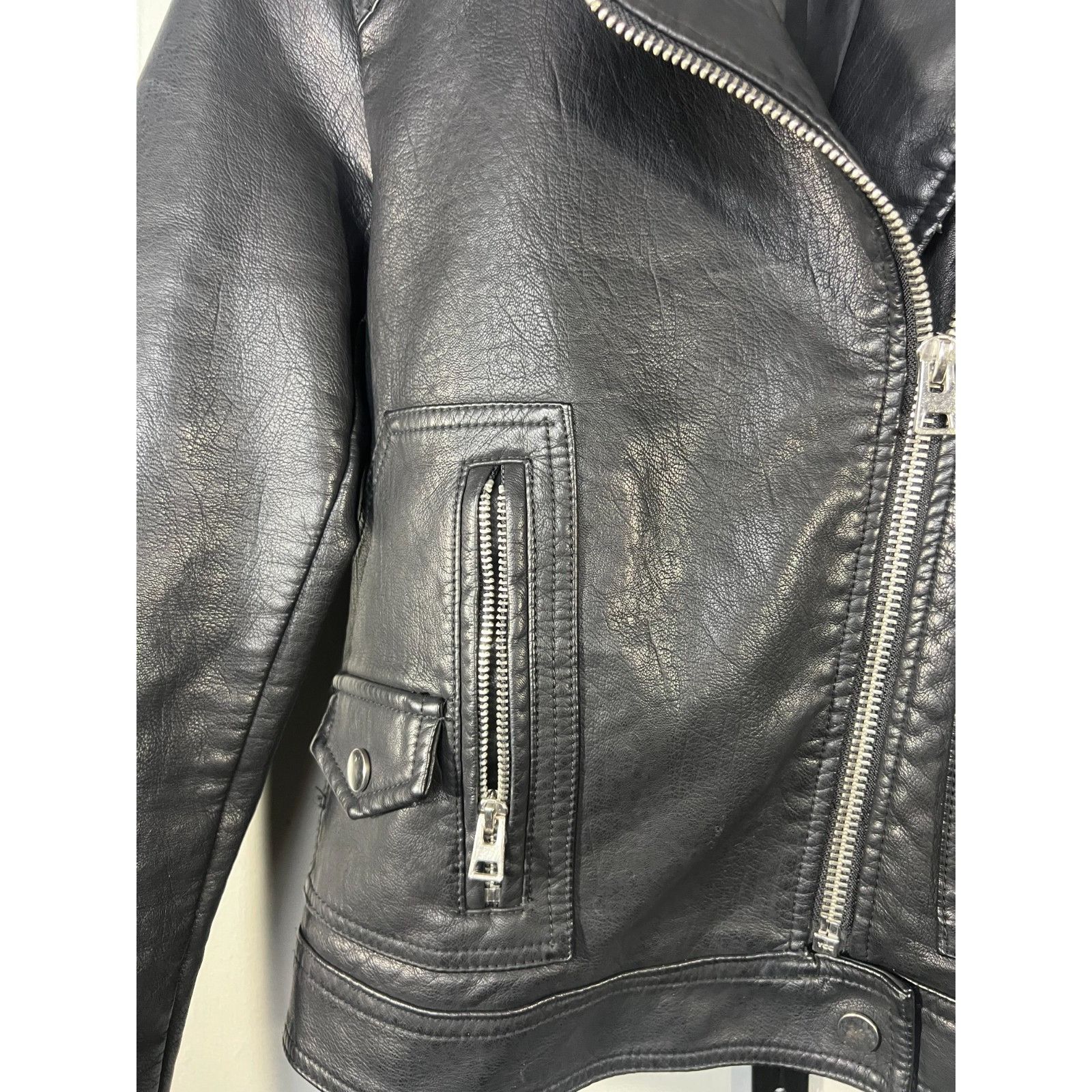 Topshop TOPSHOP Women’s Black Faux Leather Biker Jacket Motorcycle S Size XS / US 0-2 / IT 36-38 - 6 Thumbnail