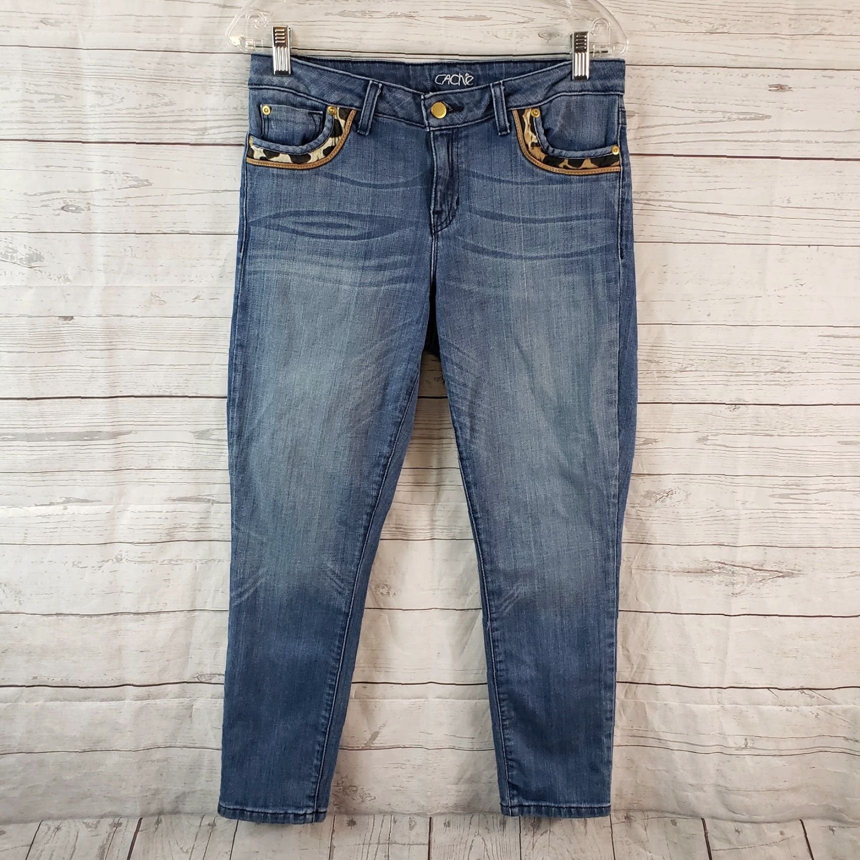 Vintage Cache Womens Crop Jeans 6 Blue Animal Print Trim Mid Rise Size 28" / US 6 / IT 42 - 2 Thumbnail