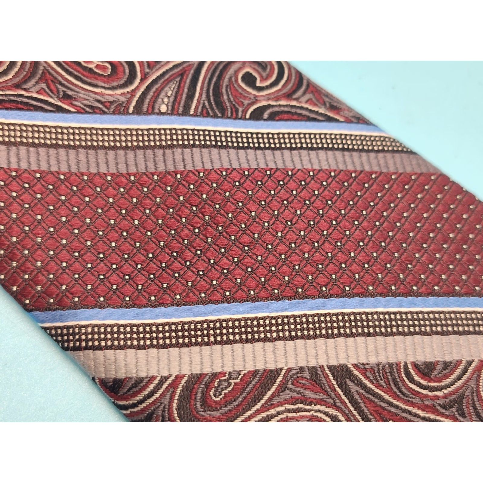 Pronto Uomo VINTAGE Pronto Uomo Silk Necktie Mens Long 3" Burgundy Paisley Silver Geometric Preppy 61" NEW Size ONE SIZE - 4 Thumbnail