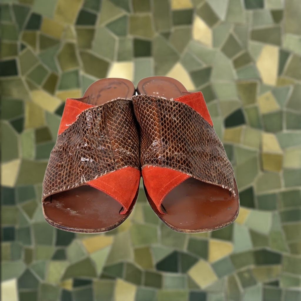 Diane von Furstenberg Diane Von Furstenberg Sandal Women 7.5 Brown Snakeskin Leather Orange Suede Mule Slip-On Block Heel Size US 8 / IT 38 - 1 Thumbnail