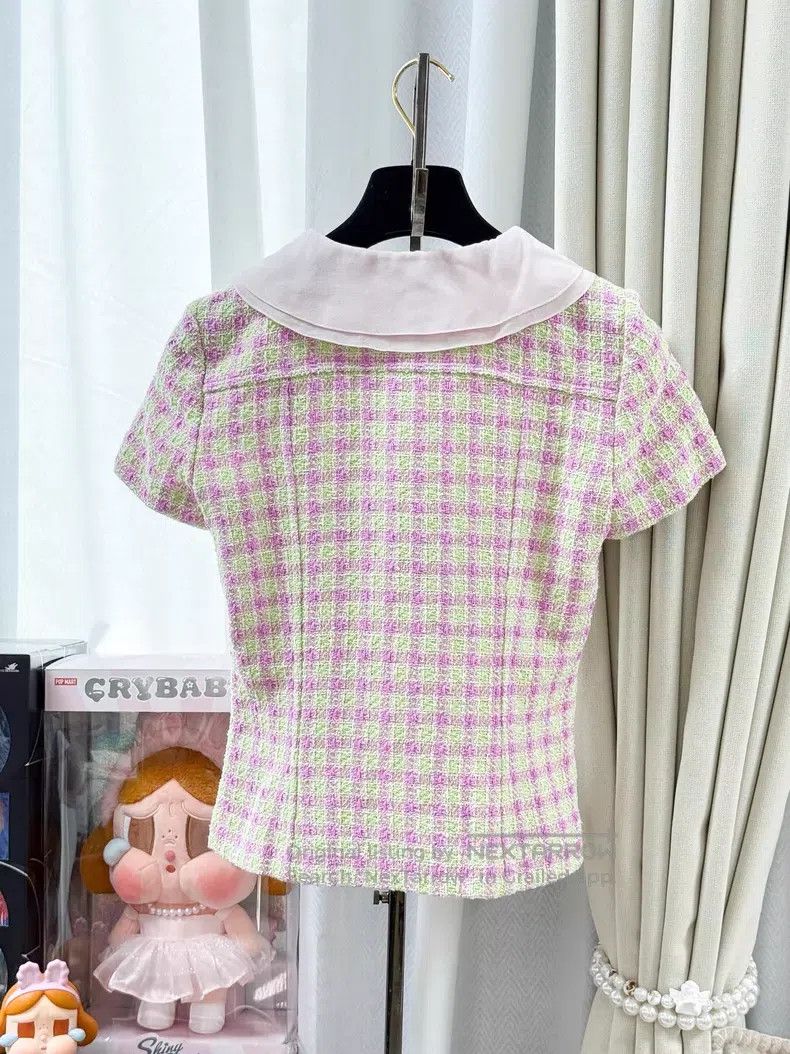 Chanel Chanel Plaid silk doll collar tweed short-sleeved jacket Size XXS / US 00 / IT 34 - 3 Thumbnail