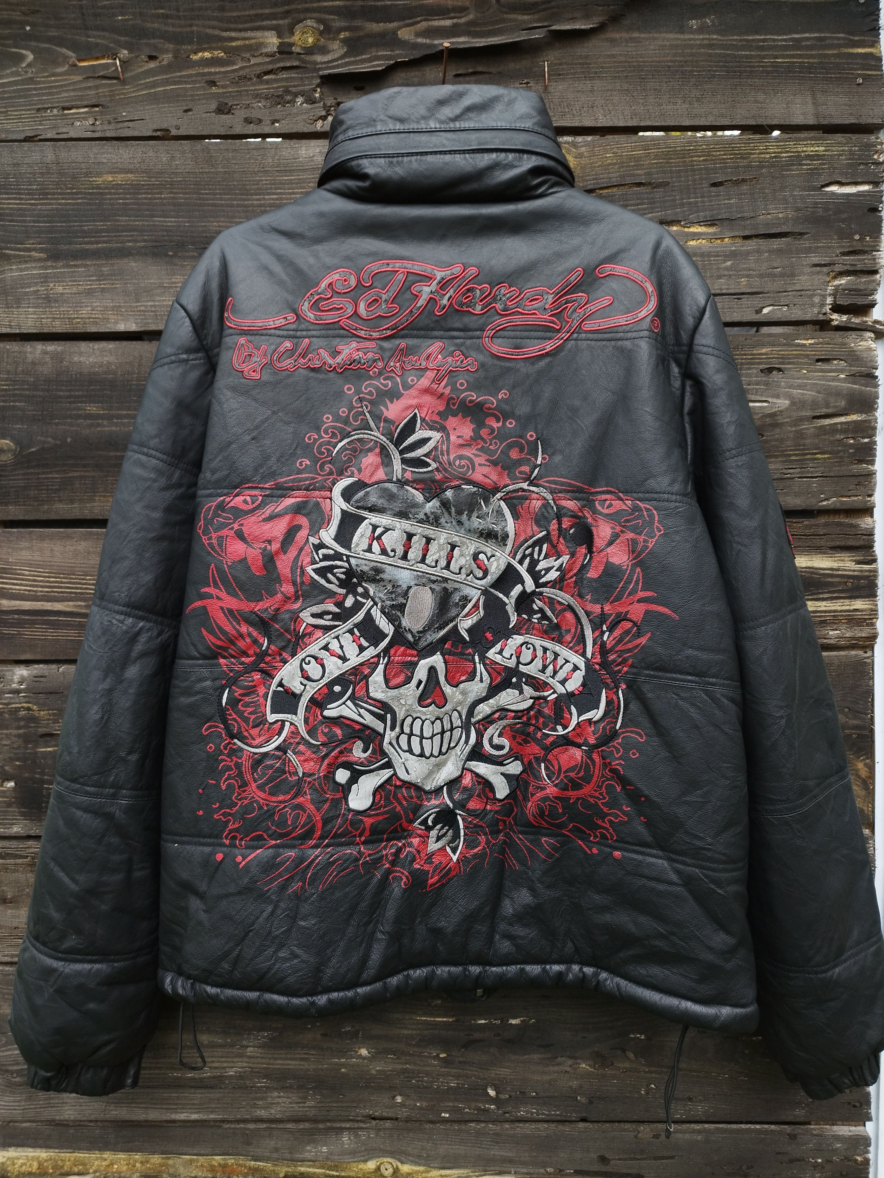 Ed Hardy Vintage Ed Hardy Leather Puffer Jacket Christian Audigier Size US XXL / EU 58 / 5 - 1 Thumbnail