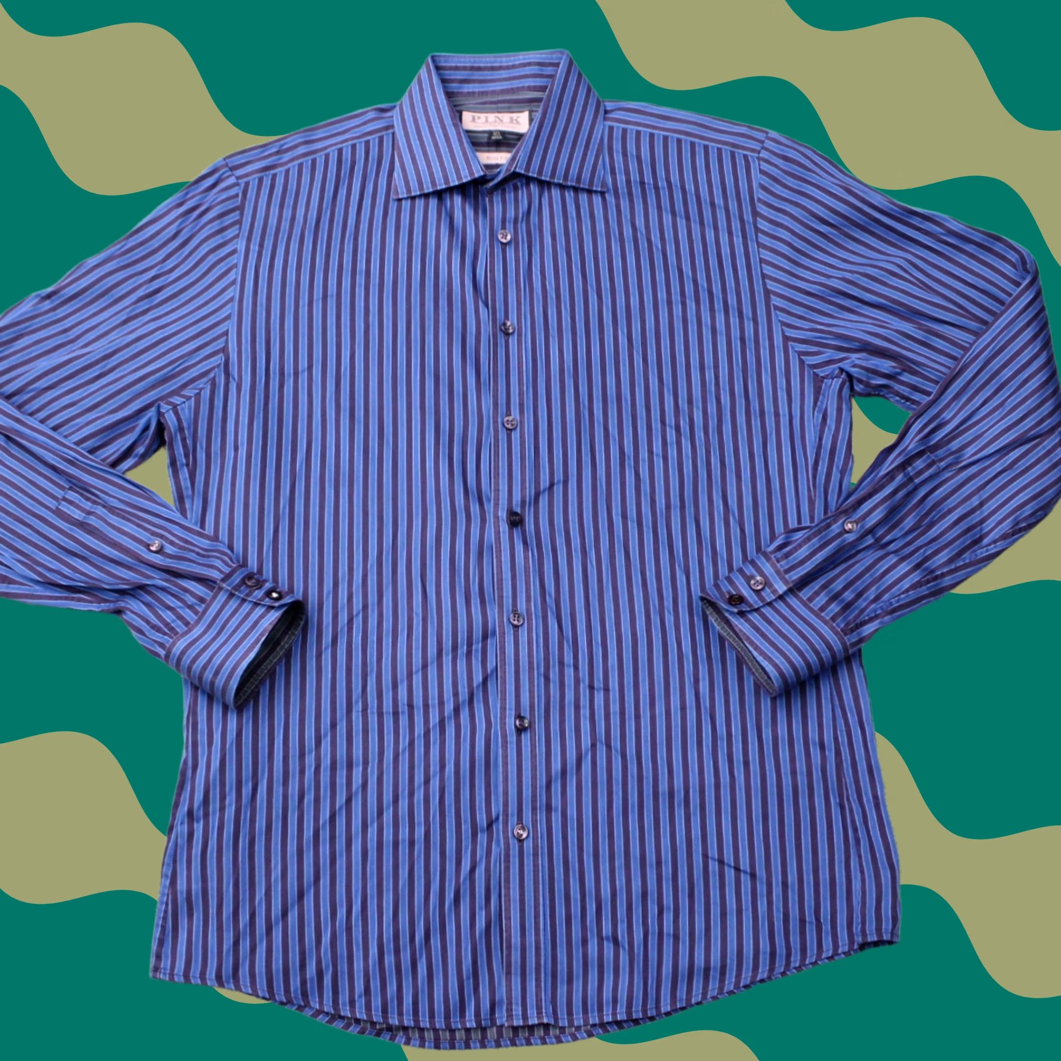 Pinko Thomas Pink Dress Shirt Mens 15 1/2 39 Blue Slim Shirt Long Sleeve Button Cuff Capable Slim Fit Size US L / EU 52-54 / 3 - 1 Thumbnail
