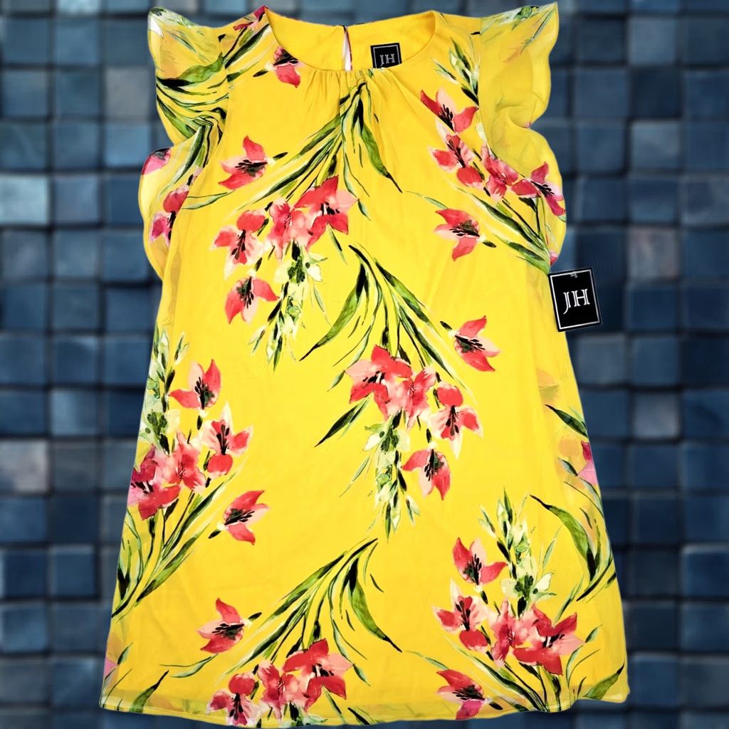 Vintage Jessica Howard Floral Sheath Dress Women 10 Yellow NWT Flutter Sleeve Gladiolus Printed Strapless? Size L / US 10 / IT 46 - 1 Thumbnail