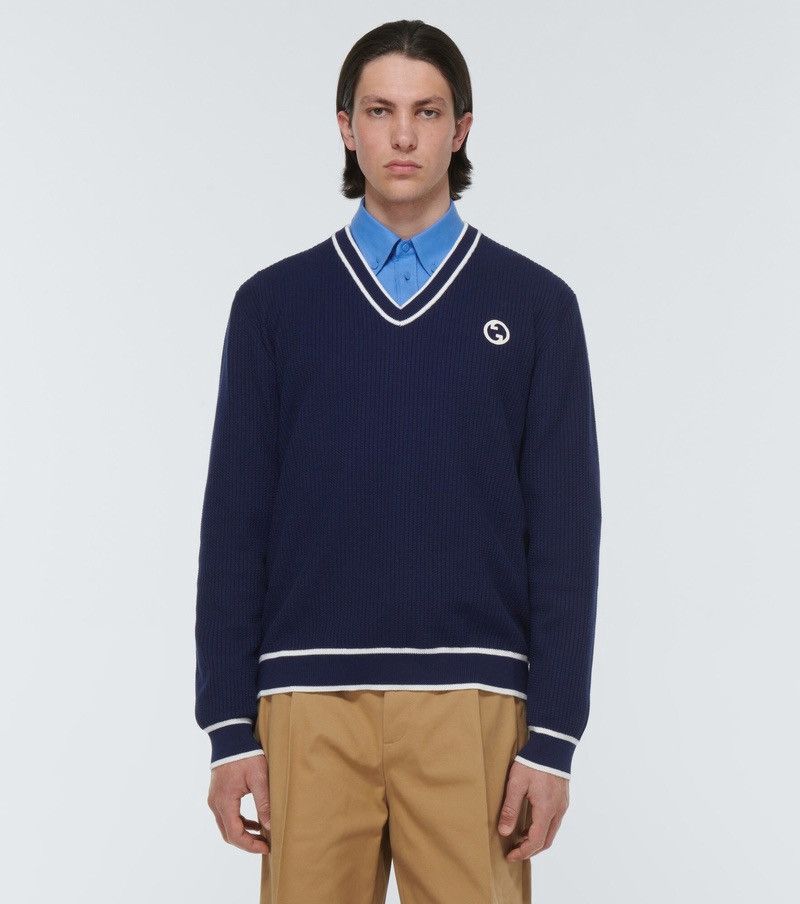 Gucci SS23 Gucci GG Logo Cotton Wool V-neck Sweater Mens Size US S / EU 44-46 / 1 - 1 Thumbnail