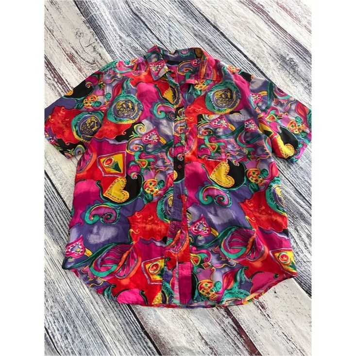 Vintage Vintage 100% Silk Pink and Purple Paisley Short Sleeve Silk Size L / US 10 / IT 46 - 2 Thumbnail