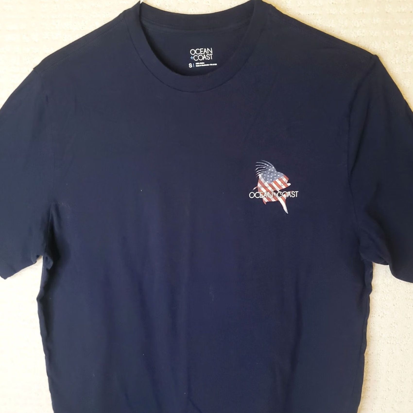 Vintage Ocean + Coast Mens S Navy Blue SS T-Shirt American Flag Roosterfish Size US S / EU 44-46 / 1 - 2 Thumbnail