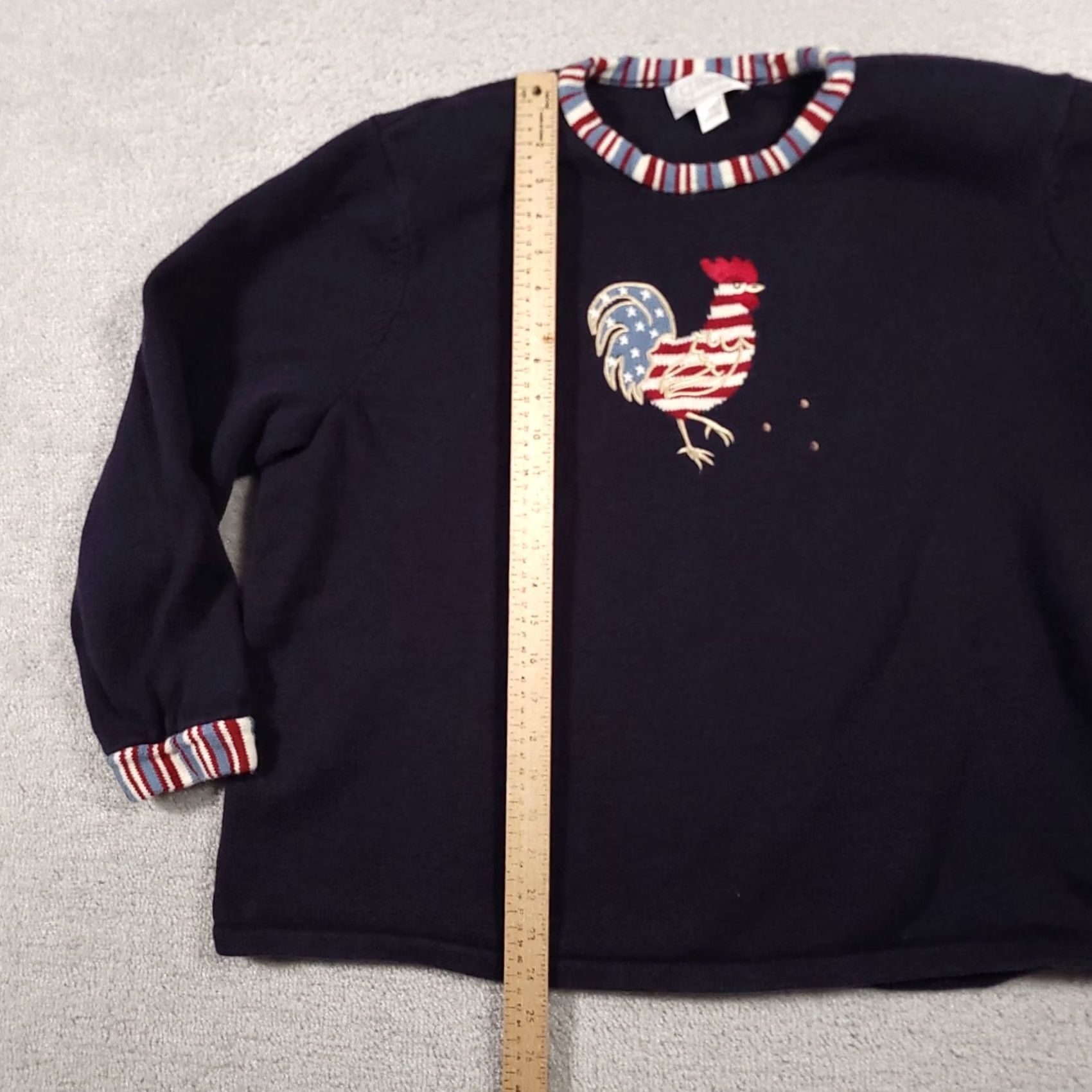 Vintage Christopher & Banks Rooster Red White Blue Patriotic Flag Womens Plus Sweater 3X Cotton Knit Size XXL / US 16-18 / IT 52-54 - 7 Thumbnail