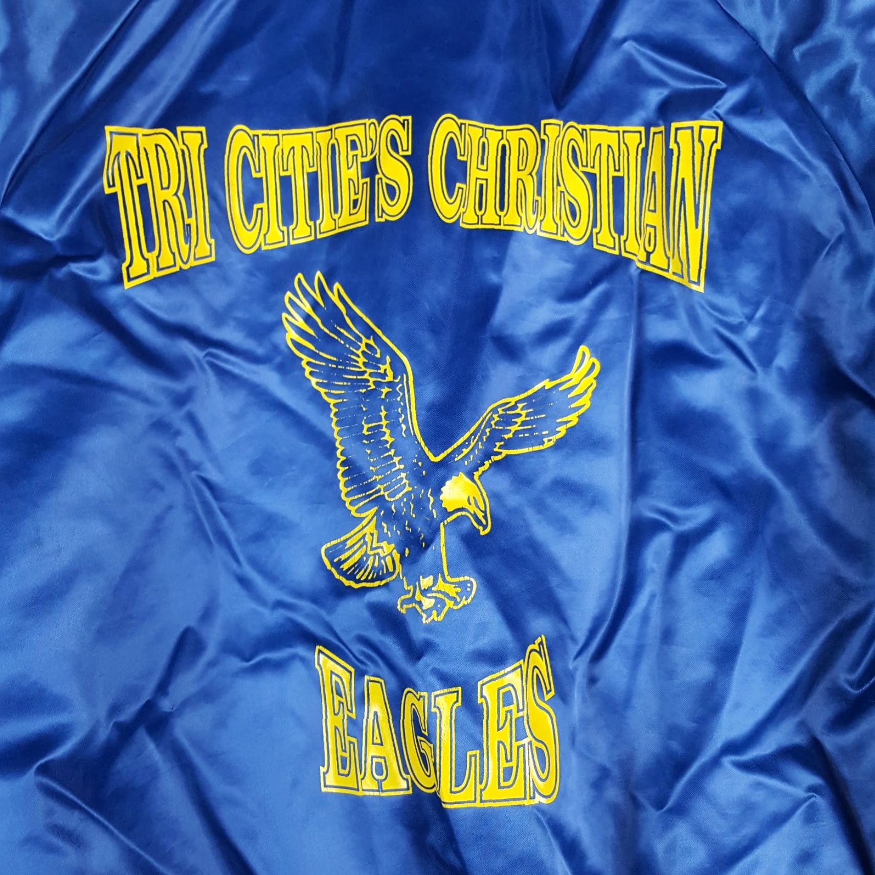 Vintage VINTAGE Nasco Windbreaker Jacket 80s 90s Satin Bomber Tri Cities Christian Eagles XL Navy Blue Logo Embroidered Full Zip Men's Jacket Size US XL / EU 56 / 4 - 6 Thumbnail