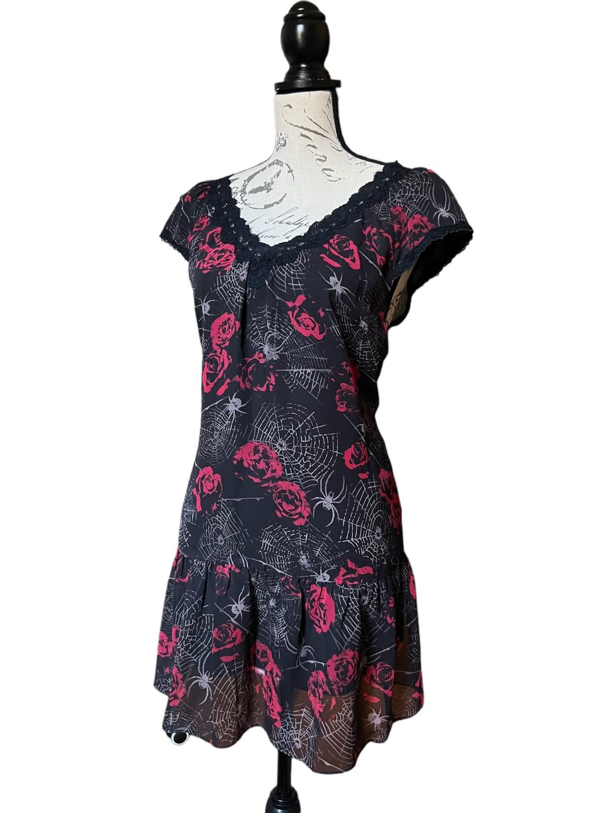 image of Hysteric Glamour Spider Web Roses Chiffon Dress in Black, Women's
