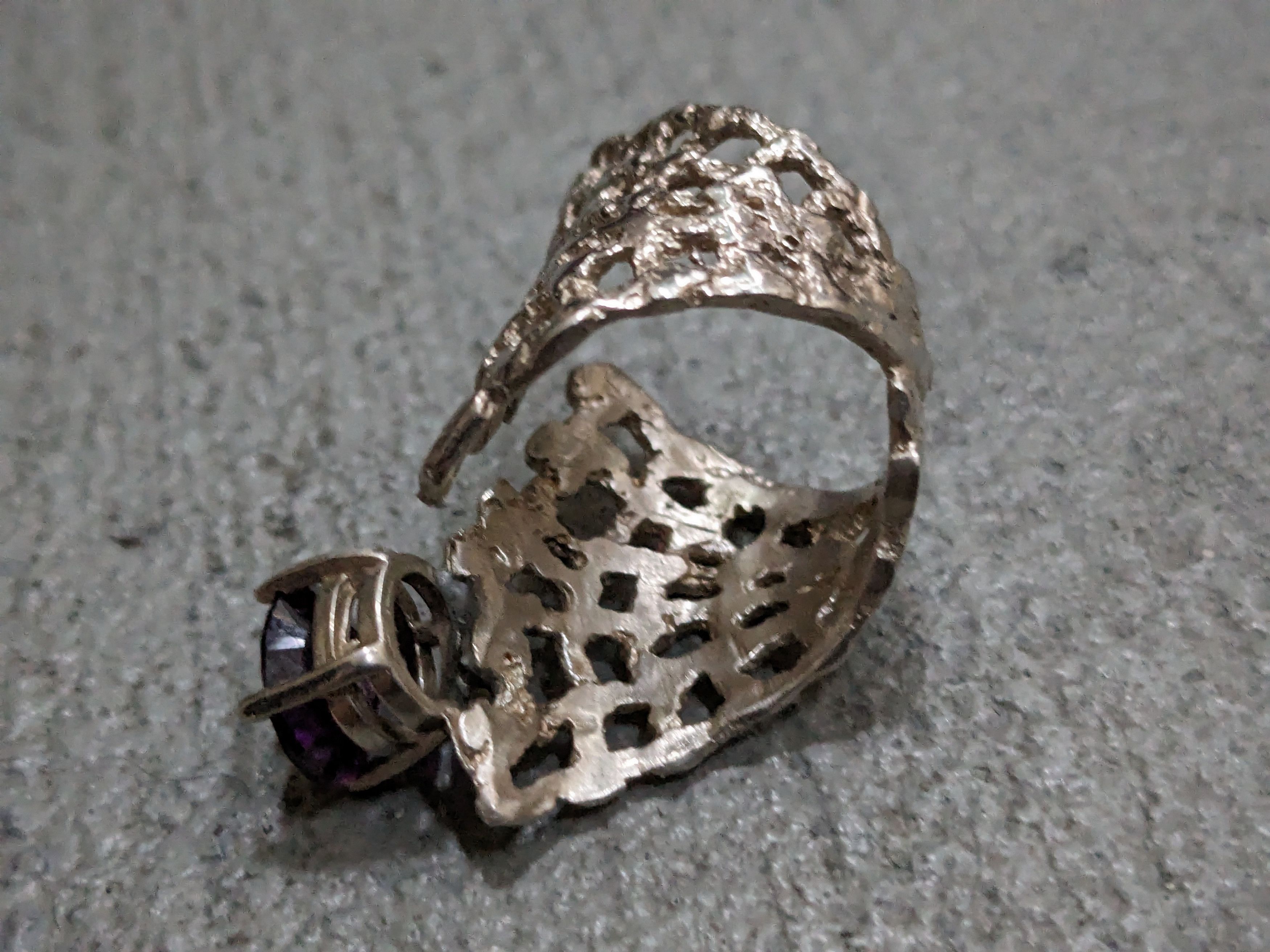 Jewelry Sterling Silver Ring Amethyst Size 8 Adjustable Brutalist Size ONE SIZE - 12 Thumbnail