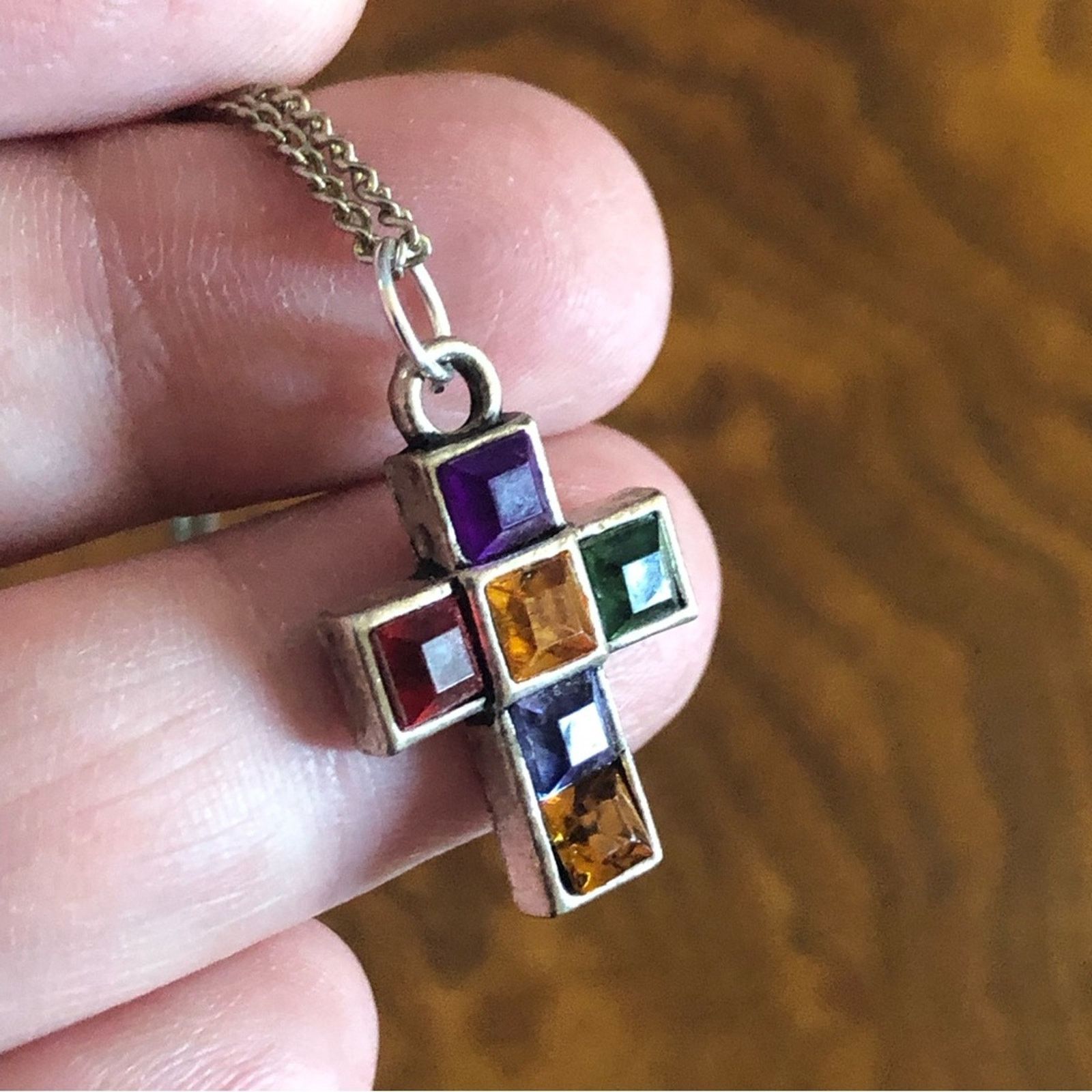 Vintage Vintage multi tone square shape gem cross on chain necklace Size ONE SIZE - 9 Thumbnail